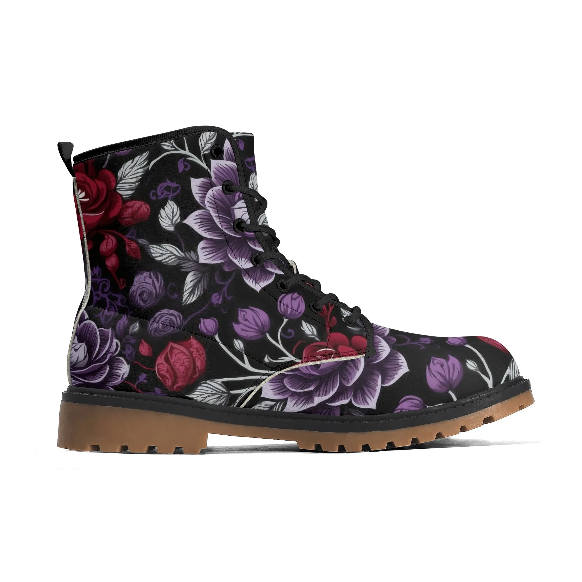 Goth Purple & Red Flowers Womens Luxe Combat Boots