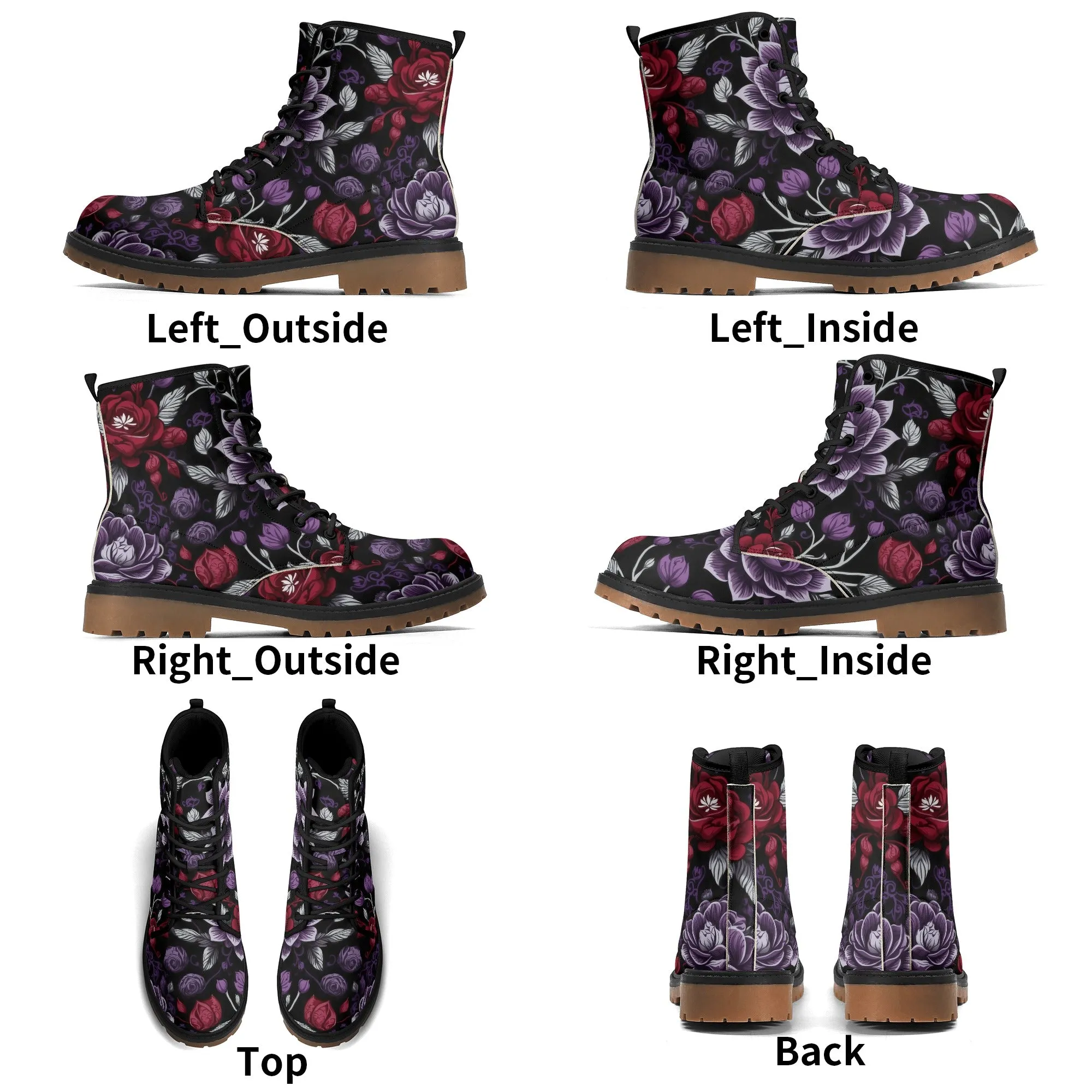 Goth Purple & Red Flowers Womens Luxe Combat Boots