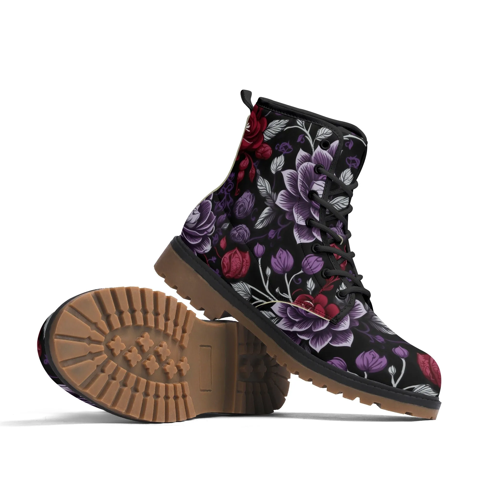 Goth Purple & Red Flowers Womens Luxe Combat Boots