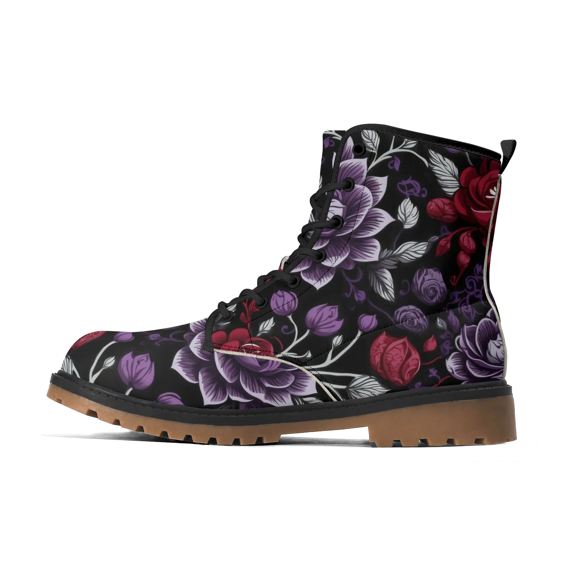 Goth Purple & Red Flowers Womens Luxe Combat Boots