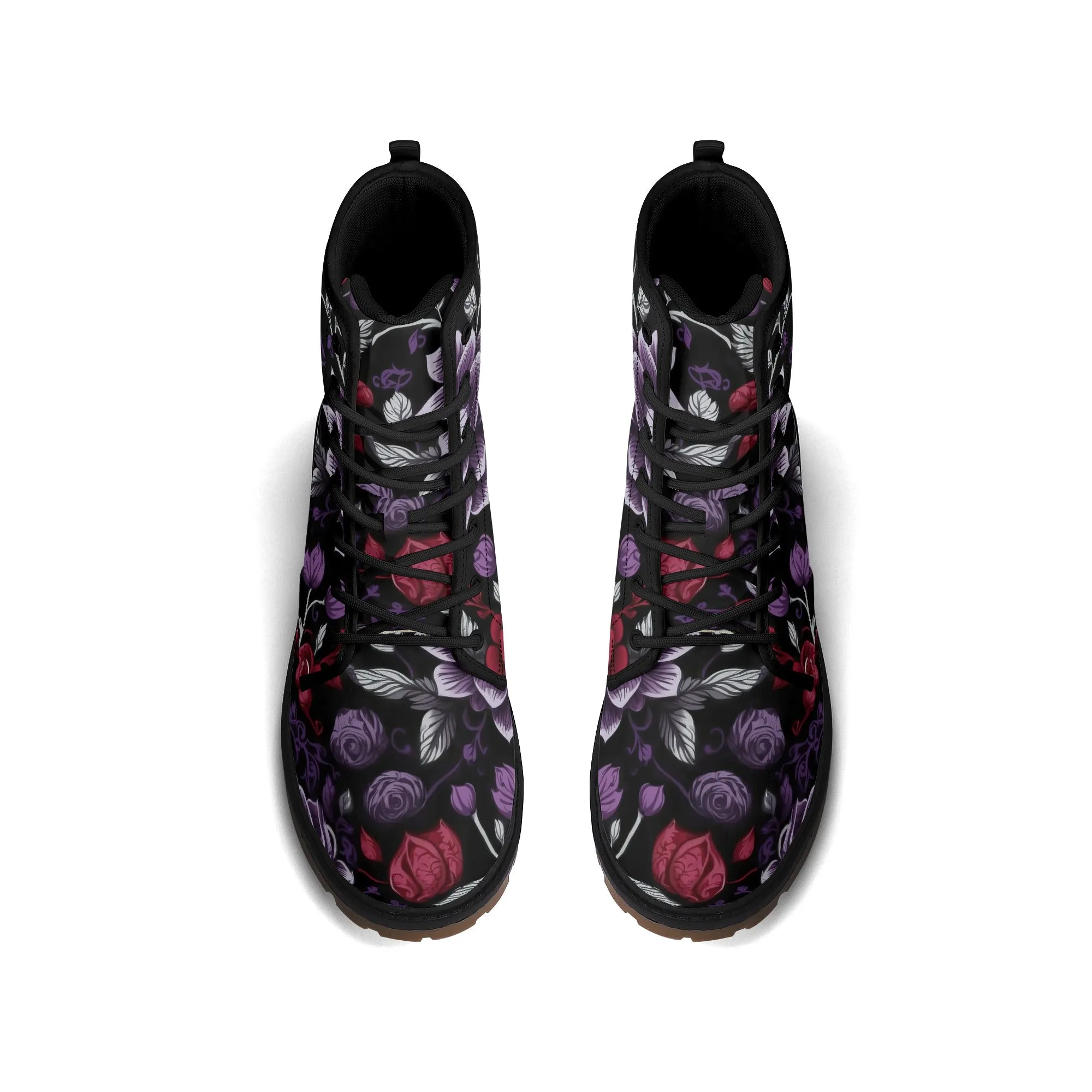 Goth Purple & Red Flowers Womens Luxe Combat Boots