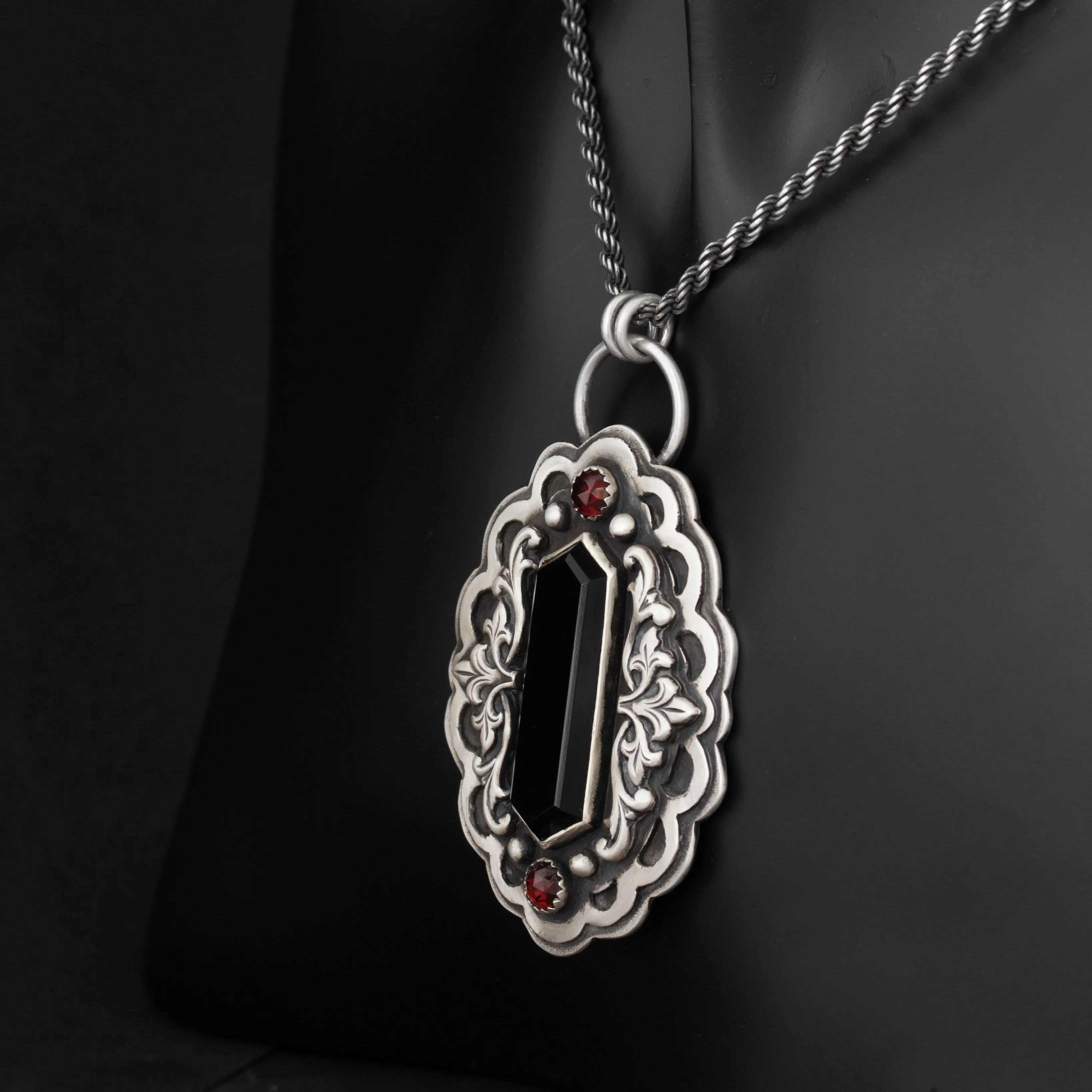 Gothic Vampire Statement Necklace with Black Onyx & Garnet in Sterling Silver