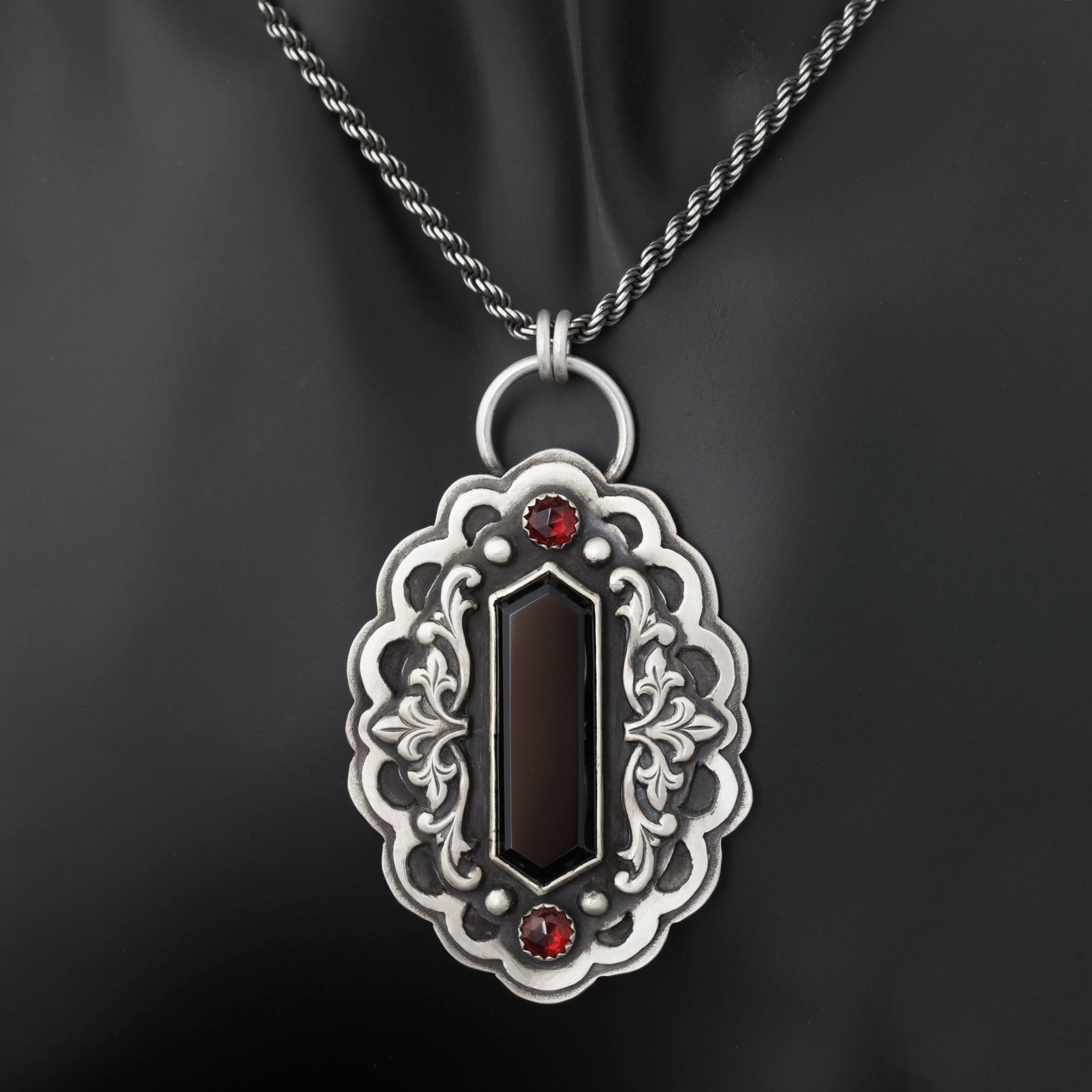 Gothic Vampire Statement Necklace with Black Onyx & Garnet in Sterling Silver
