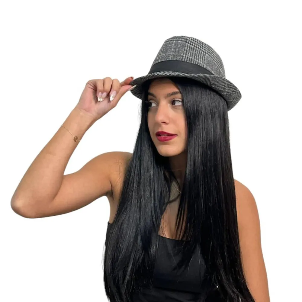 Grey Checkered Fedora Hat S-80