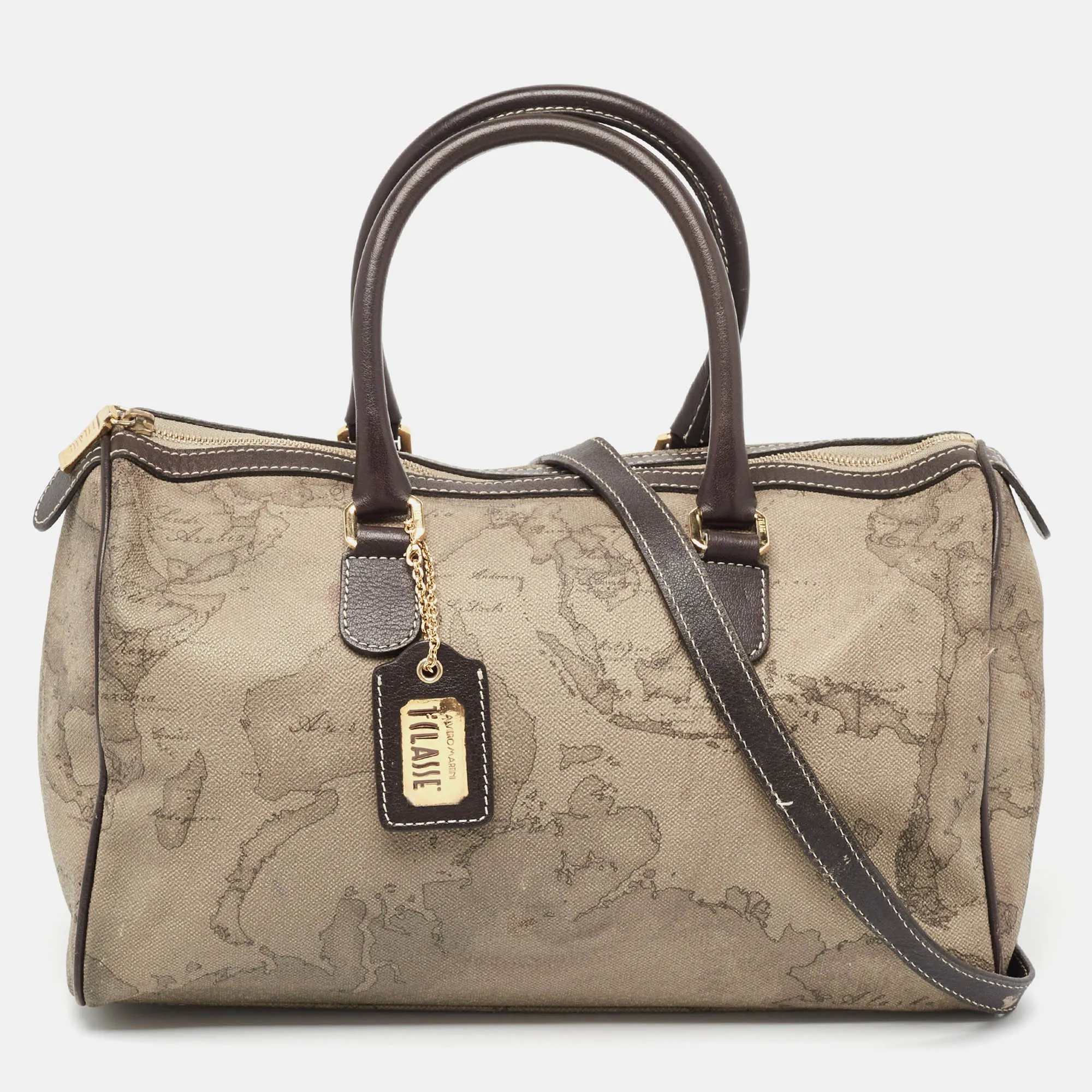 Grey/Brown Geo Print Coated Canvas and Leather Satchel