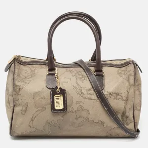 Grey/Brown Geo Print Coated Canvas and Leather Satchel