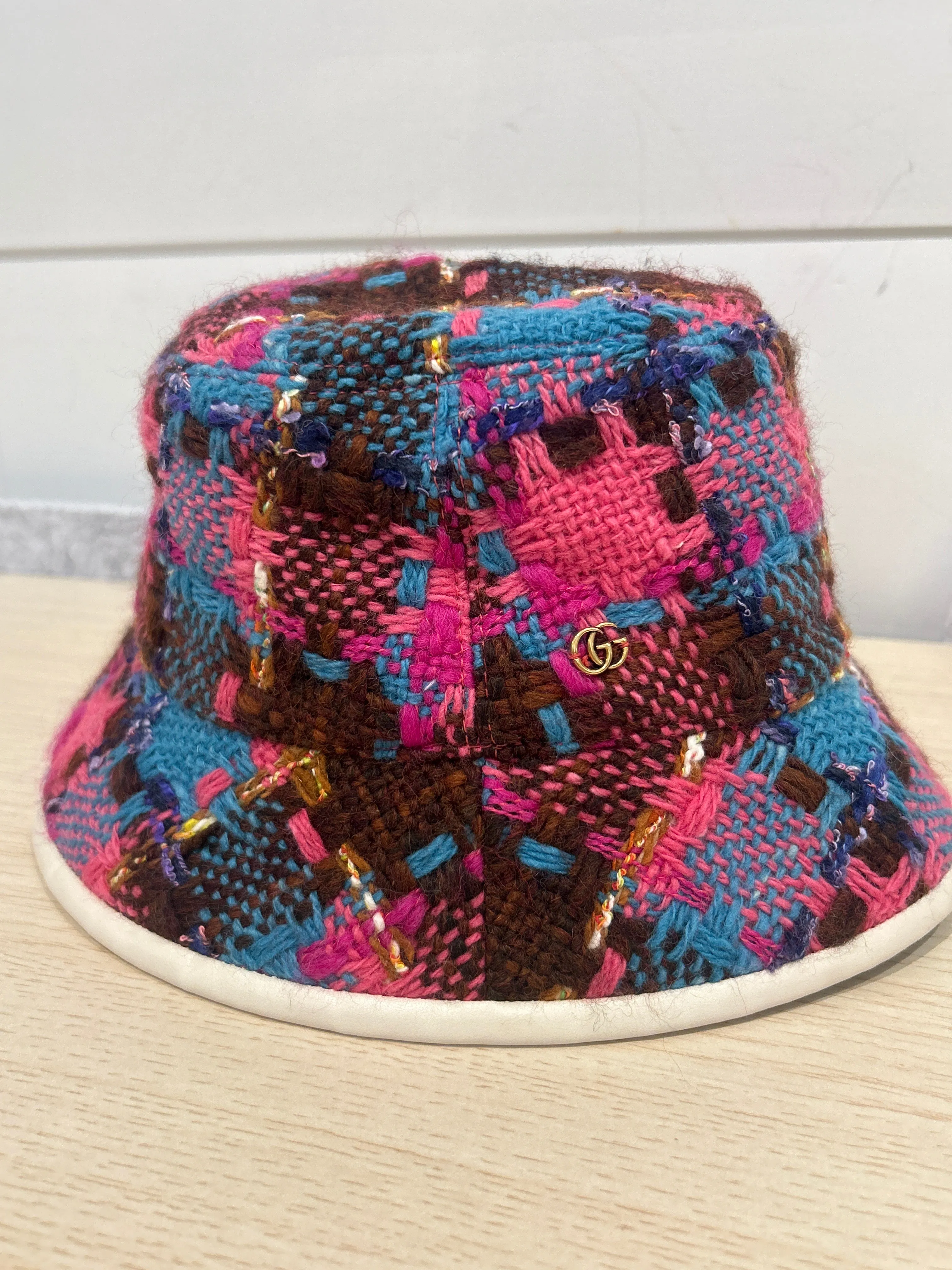 Gucci Checked Wool-Blend Pink & Blue Tweed Bucket Hat