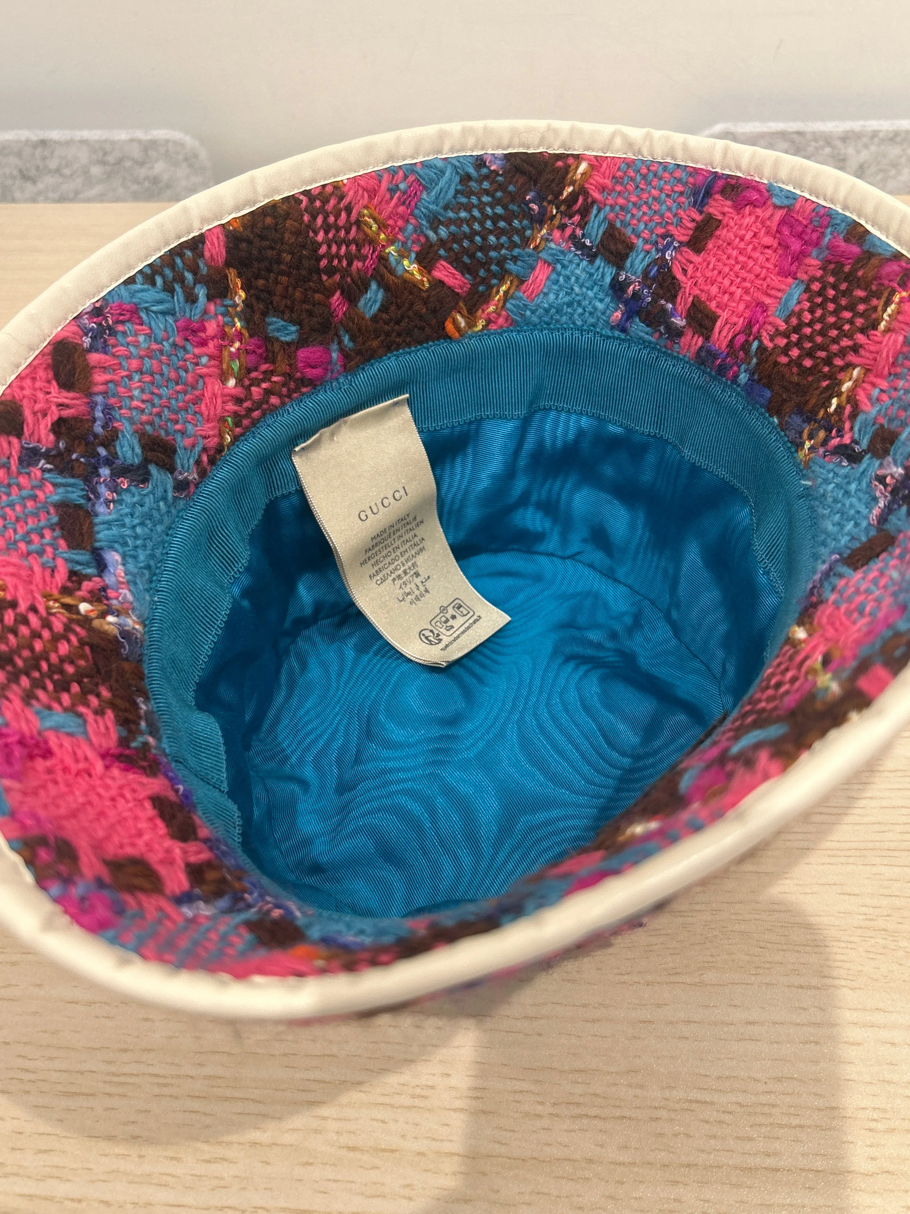 Gucci Checked Wool-Blend Pink & Blue Tweed Bucket Hat