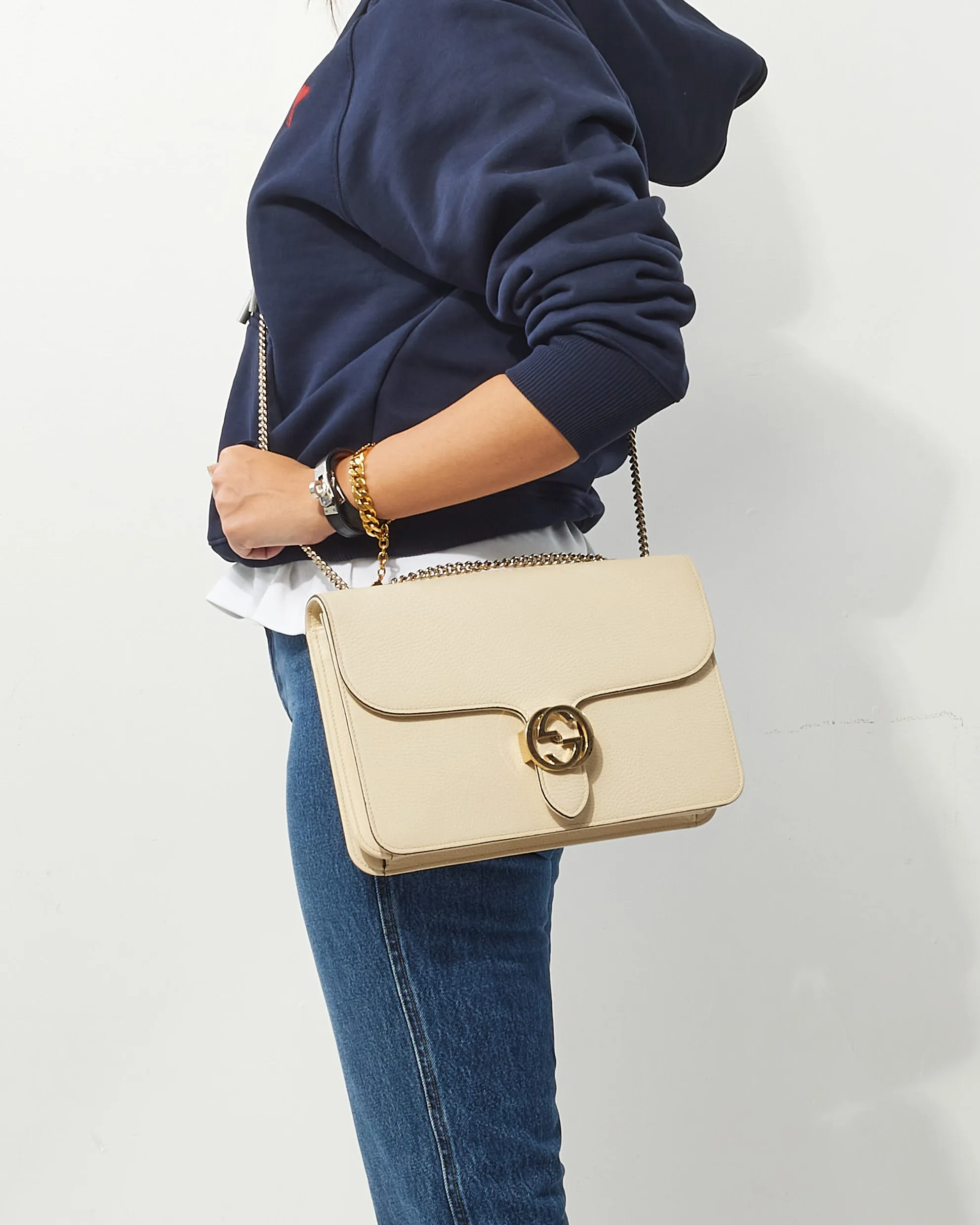 Gucci Off White Calfskin Leather Dollar Interlocking G Shoulder Bag