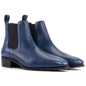Handmade Bespoke Snake Pattern Blue Leather Chelsea Boots For Men