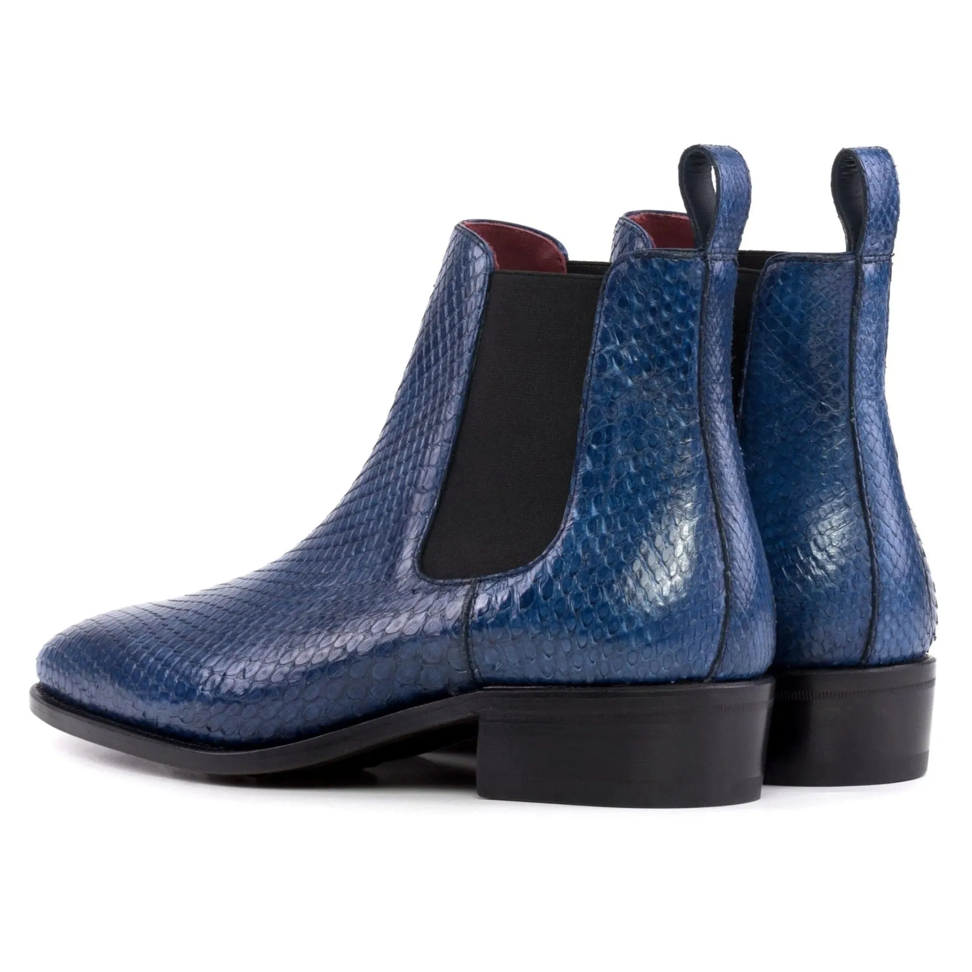 Handmade Bespoke Snake Pattern Blue Leather Chelsea Boots For Men