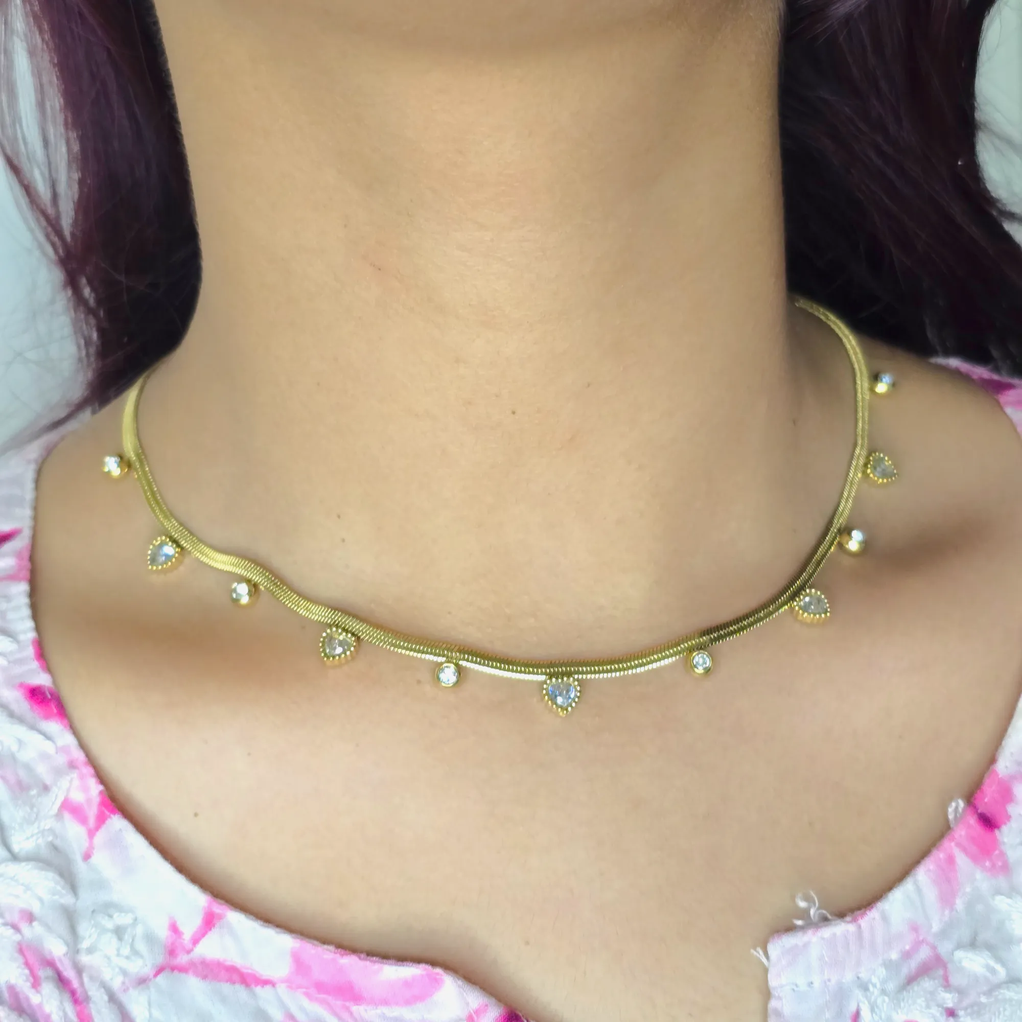 Heart Diamond Snake Chain Necklace Gold Plated, Waterproof and Anti-Tarnish