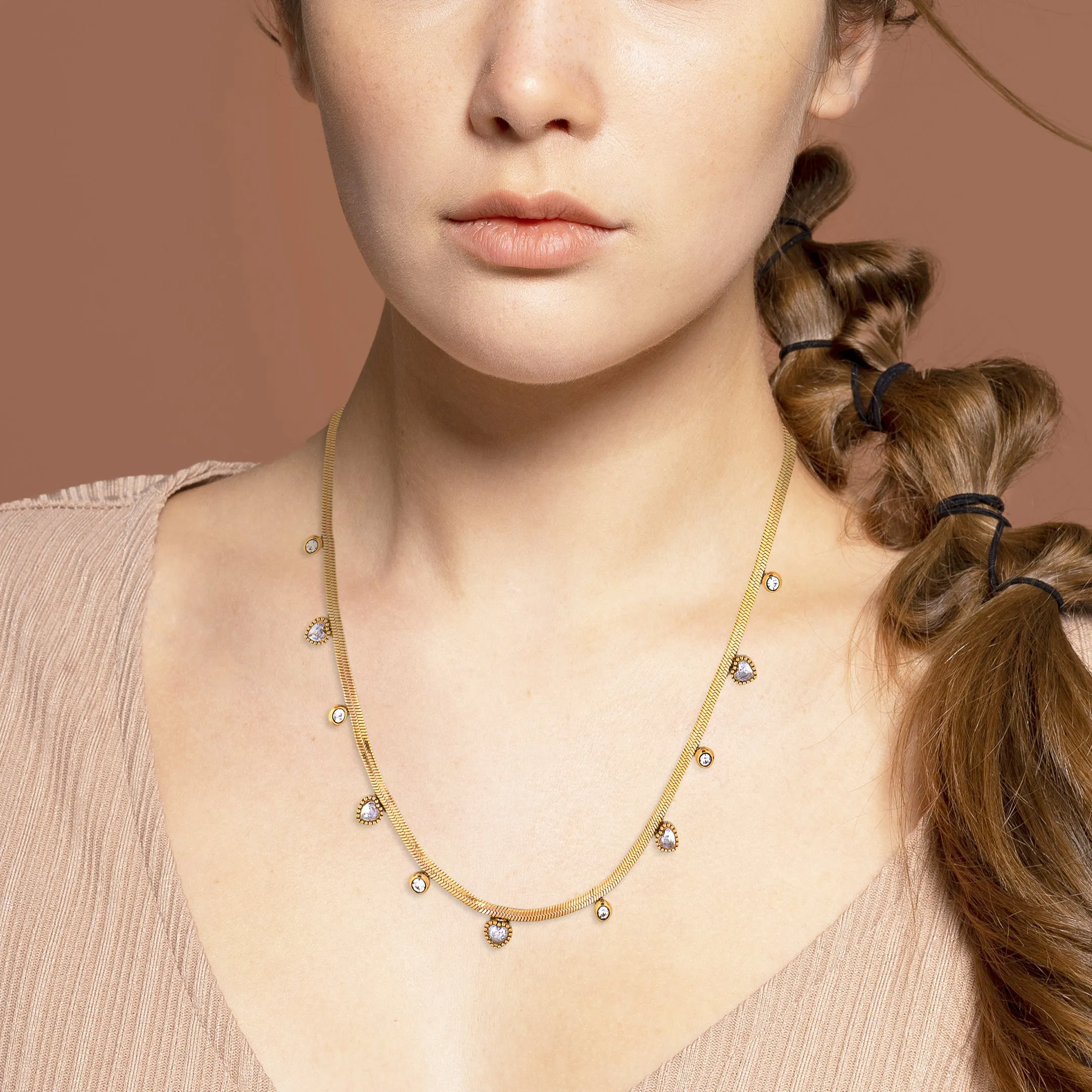Heart Diamond Snake Chain Necklace Gold Plated, Waterproof and Anti-Tarnish