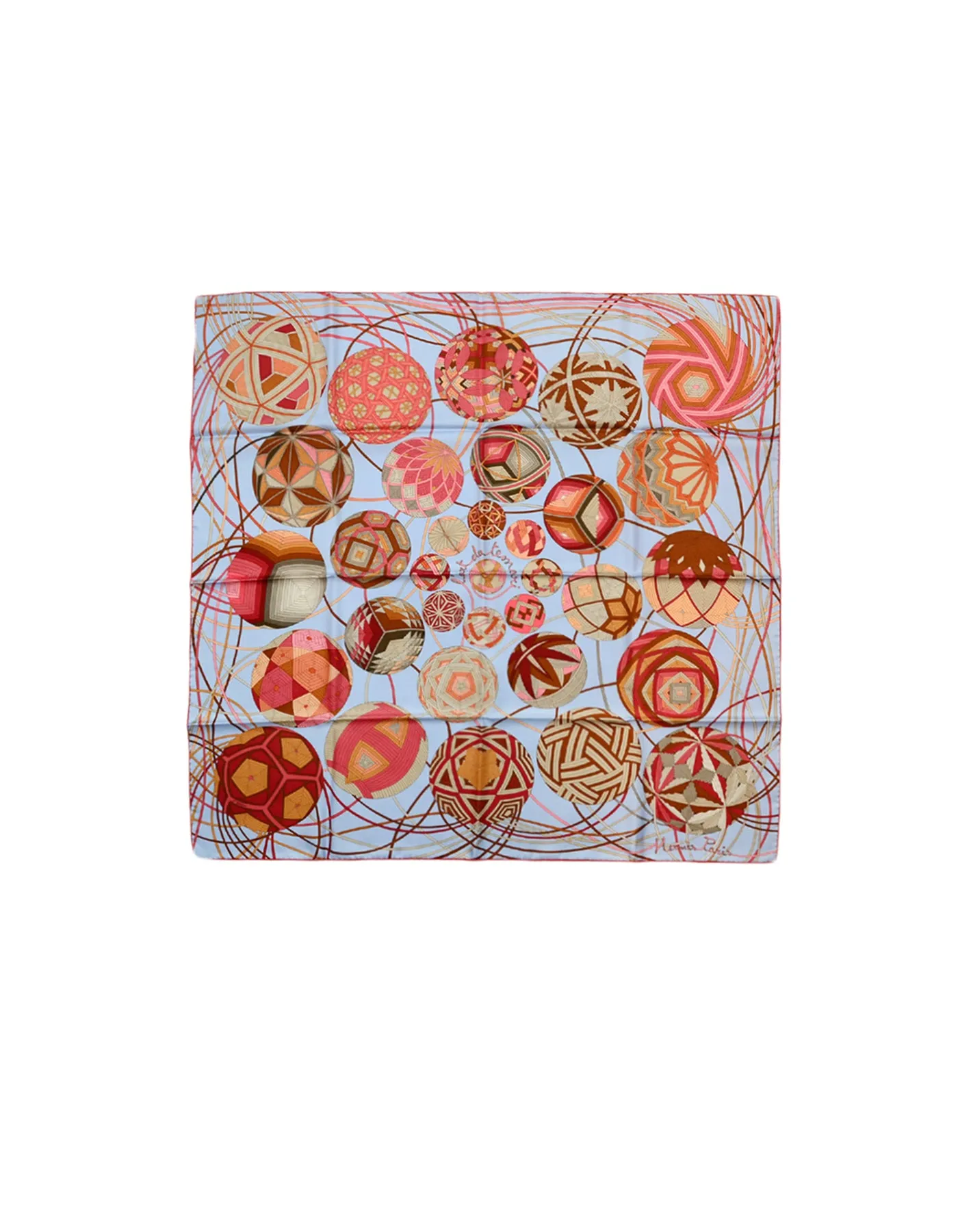 Hermes Blue Marron L'Art du Temari 90cm Silk Scarf designed by Nathalie Vialars
