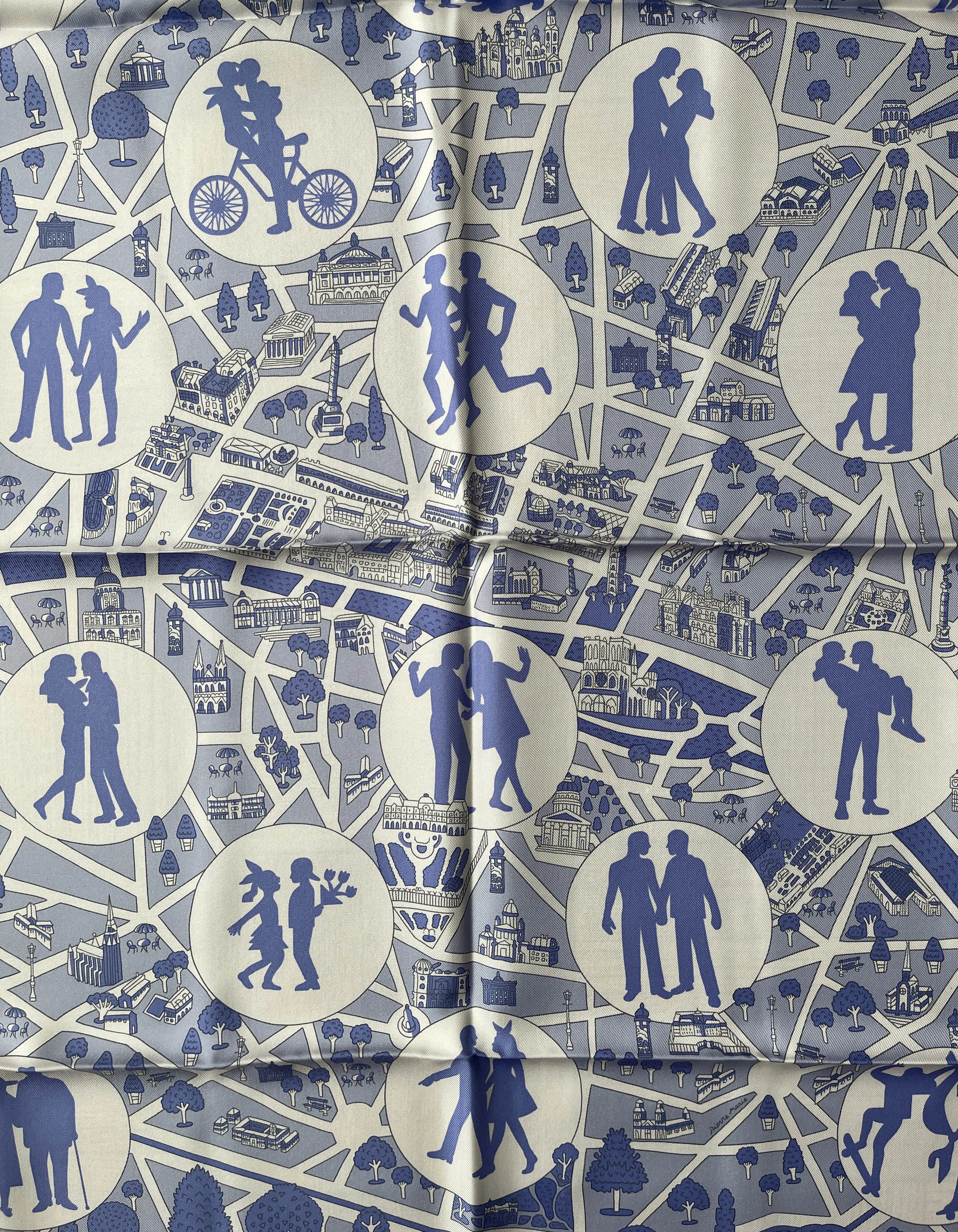 Hermes Blue/White Les Nouveaux Amoureux de Paris 90cm Silk Scarf