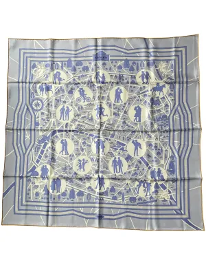 Hermes Blue/White Les Nouveaux Amoureux de Paris 90cm Silk Scarf
