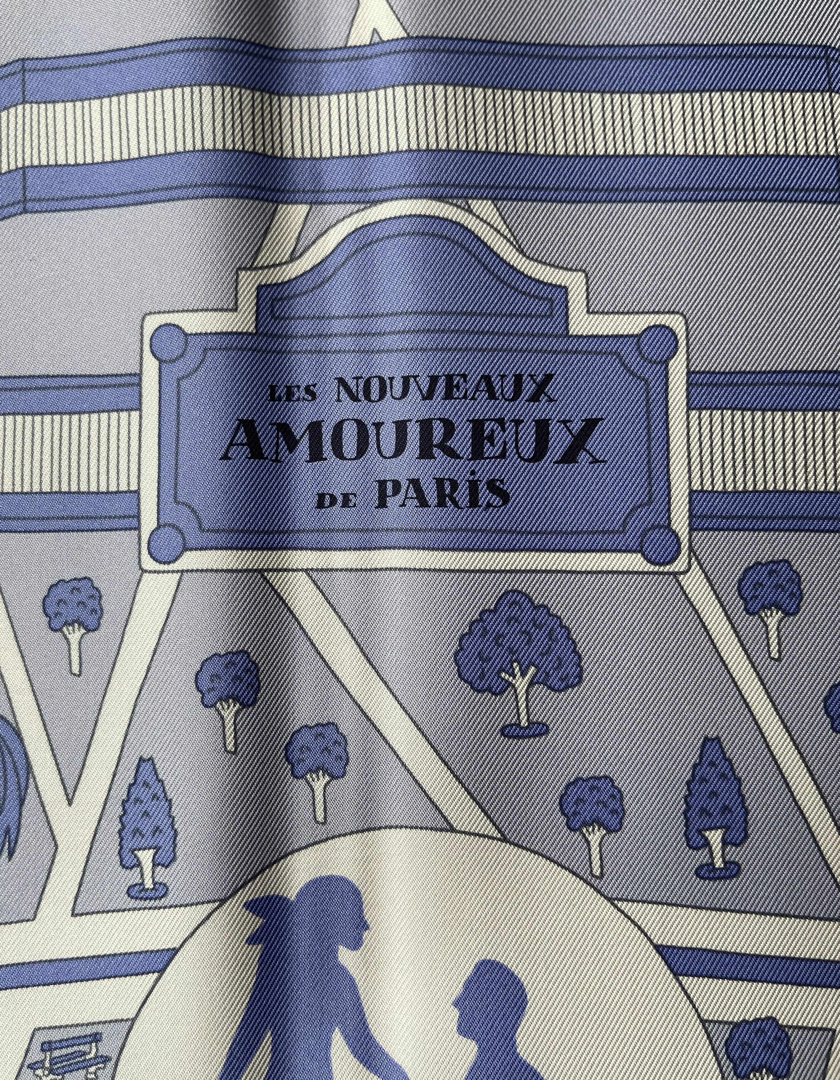 Hermes Blue/White Les Nouveaux Amoureux de Paris 90cm Silk Scarf