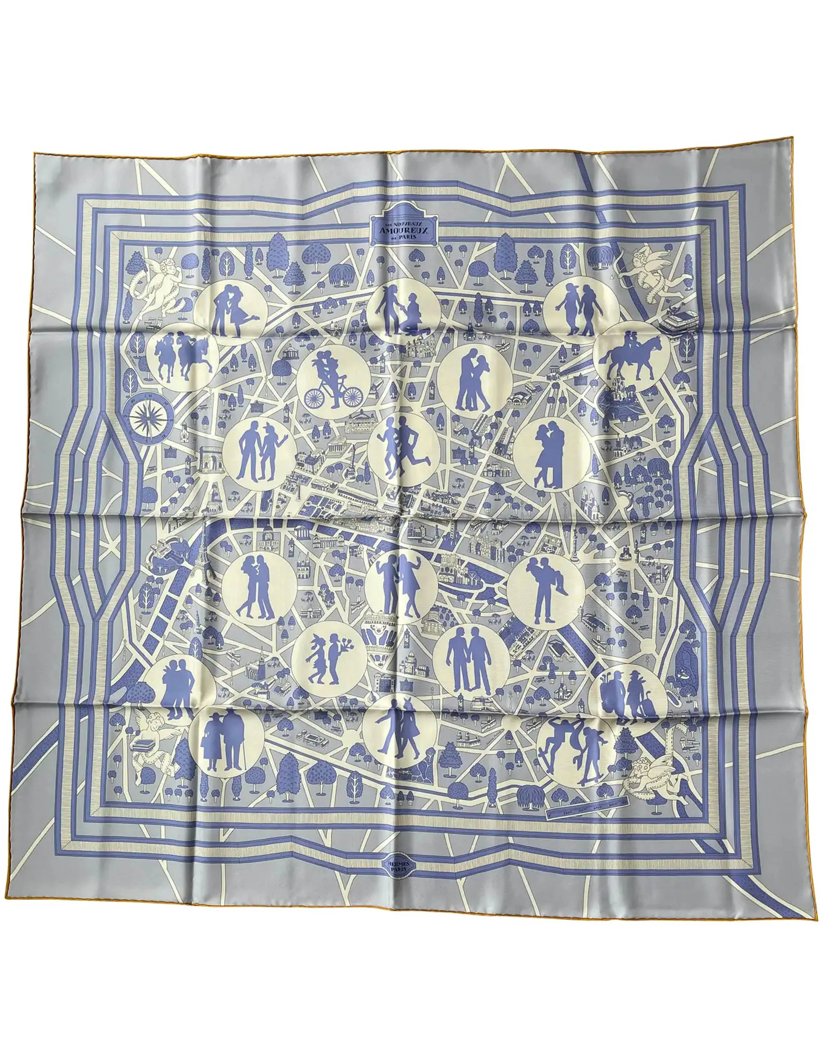 Hermes Blue/White Les Nouveaux Amoureux de Paris 90cm Silk Scarf