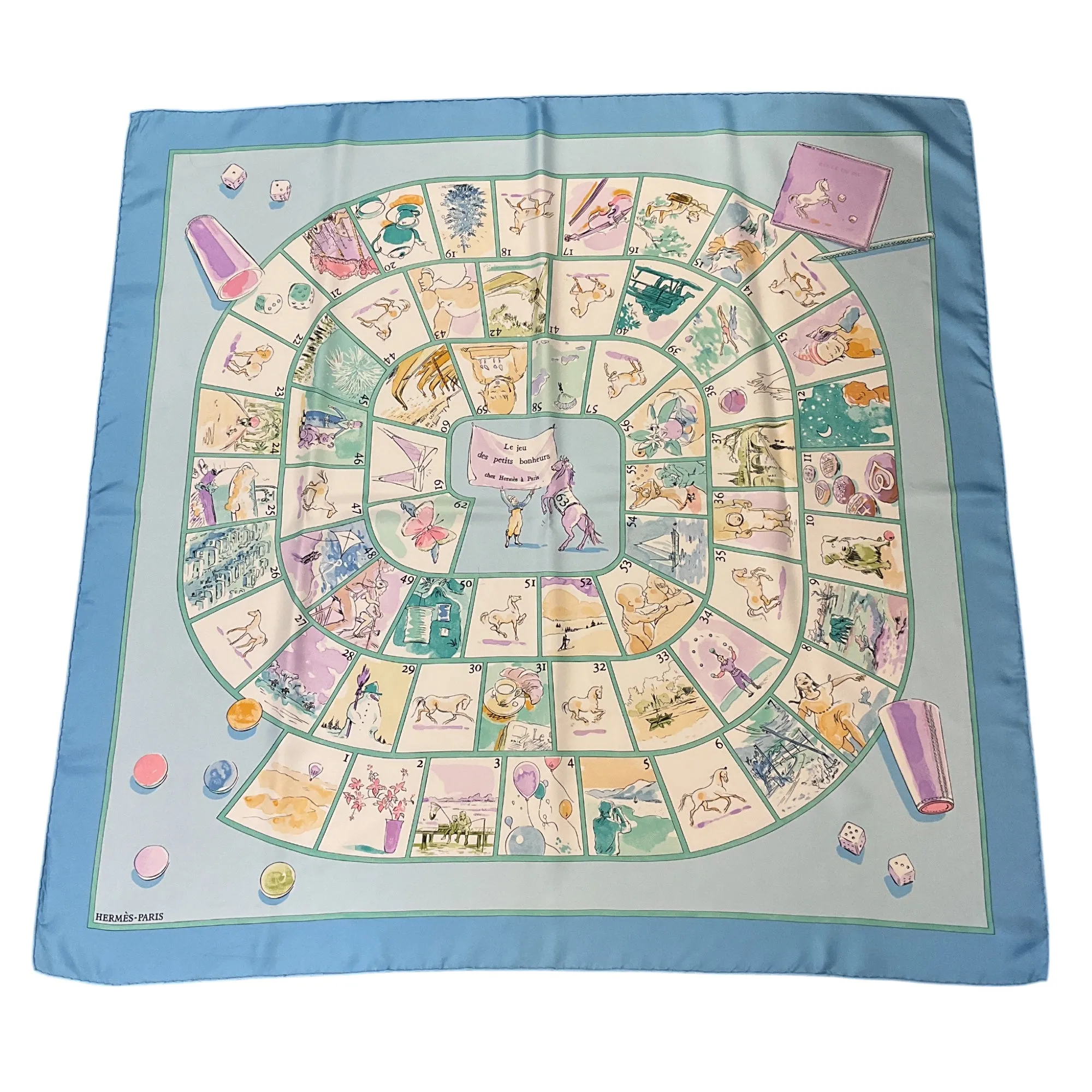 Hermes Light Blue Multi Le Jeu des Petits Bonheurs Print Square Silk Twill Scarf