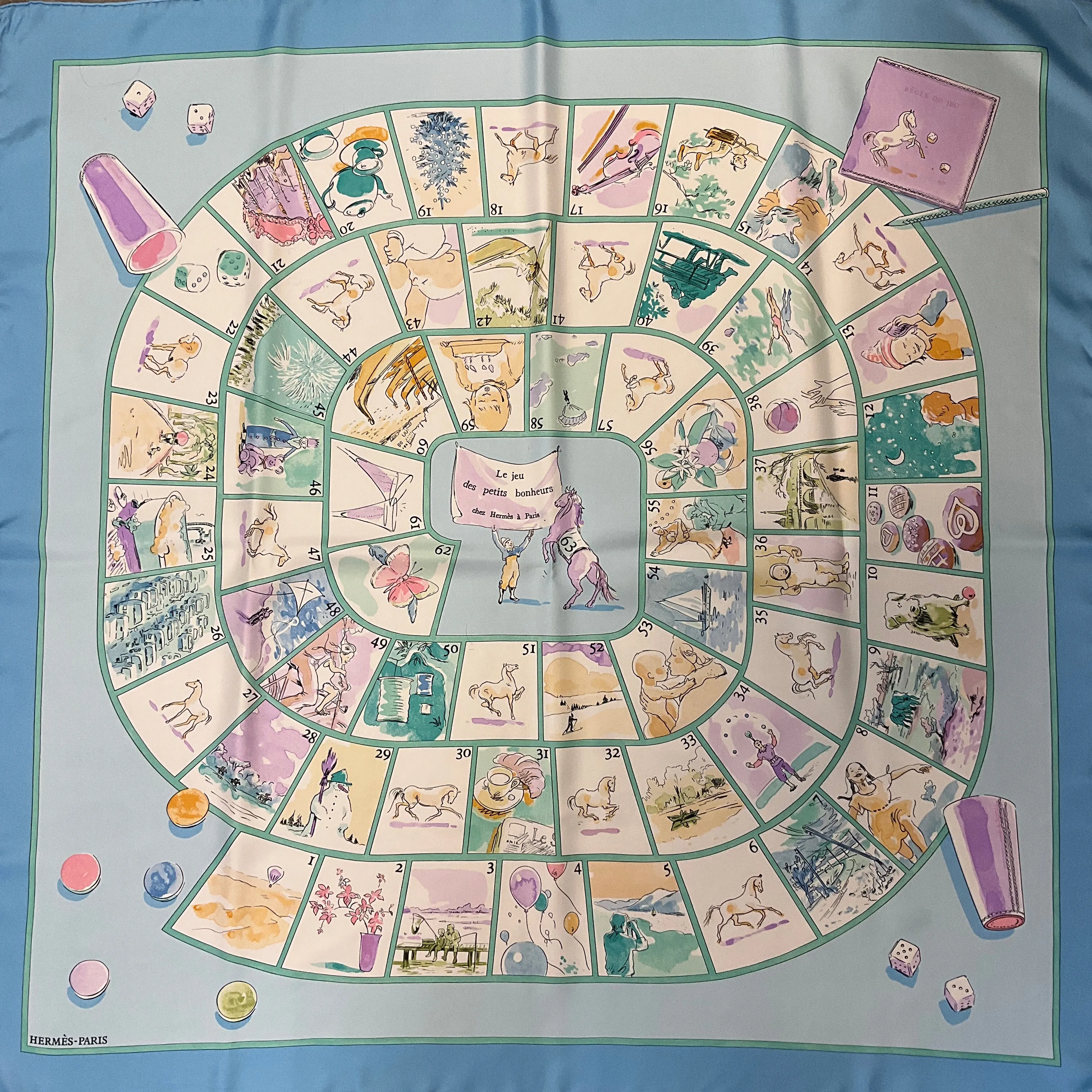 Hermes Light Blue Multi Le Jeu des Petits Bonheurs Print Square Silk Twill Scarf
