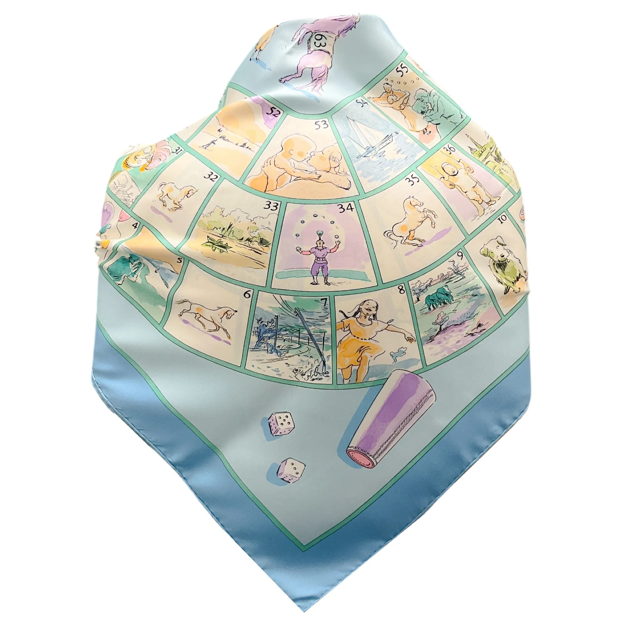 Hermes Light Blue Multi Le Jeu des Petits Bonheurs Print Square Silk Twill Scarf