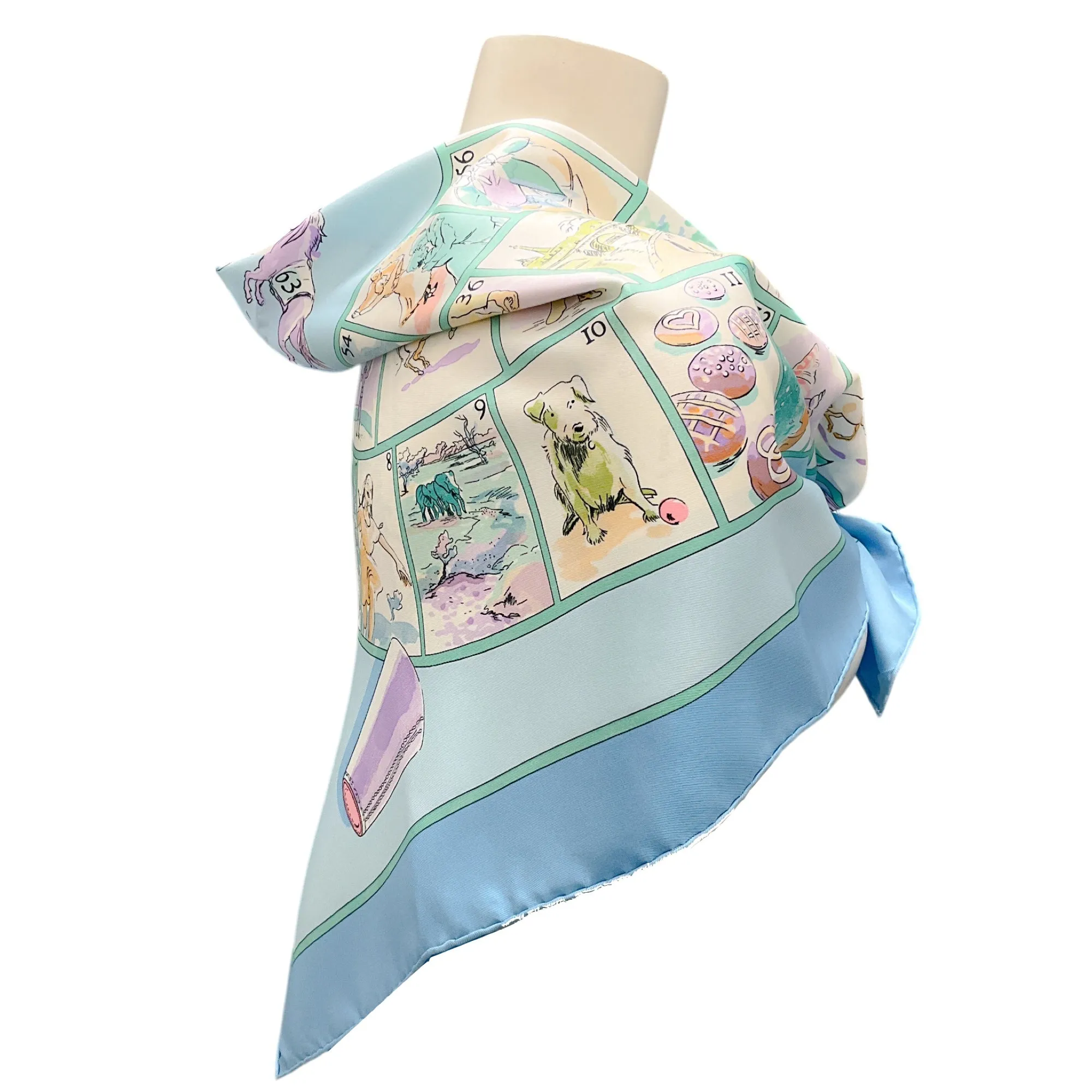 Hermes Light Blue Multi Le Jeu des Petits Bonheurs Print Square Silk Twill Scarf