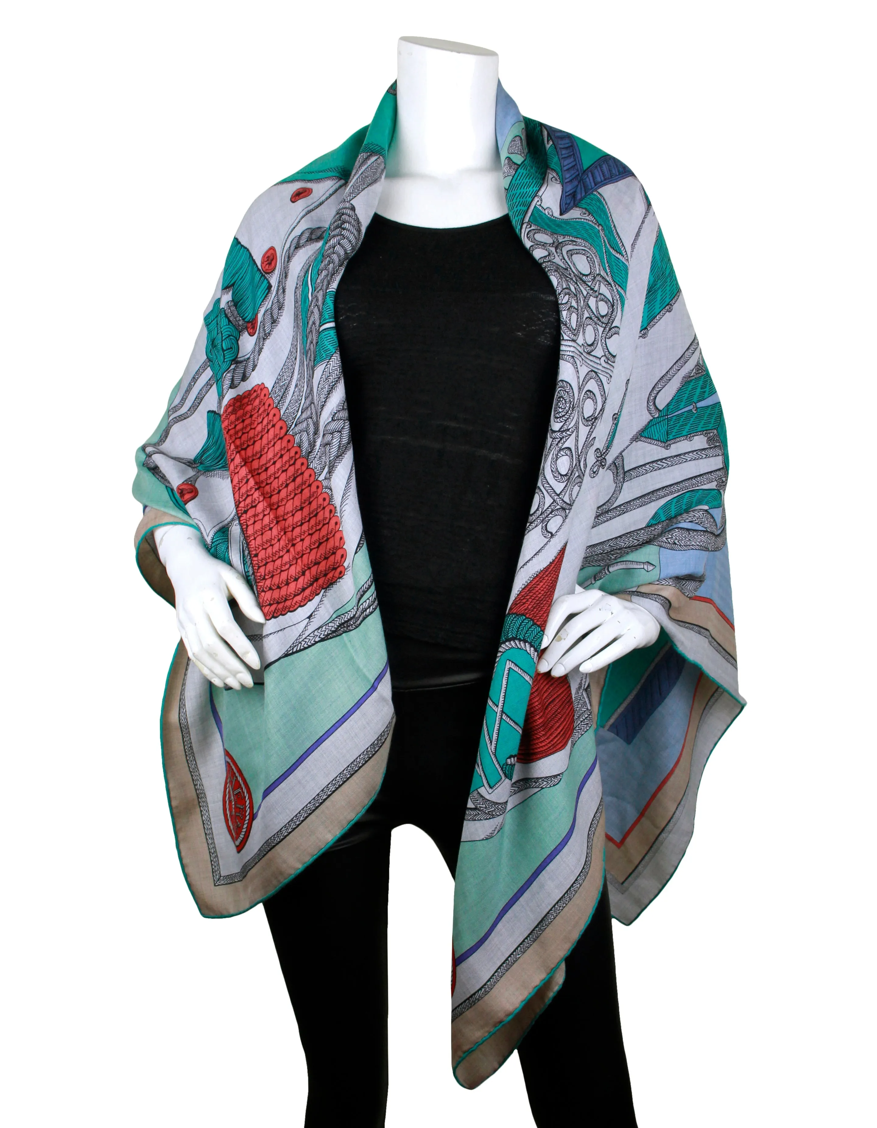 Hermes NEW Grey/Aqua Zouaves et Dragons 140cm Silk/Cashmere Shawl Scarf