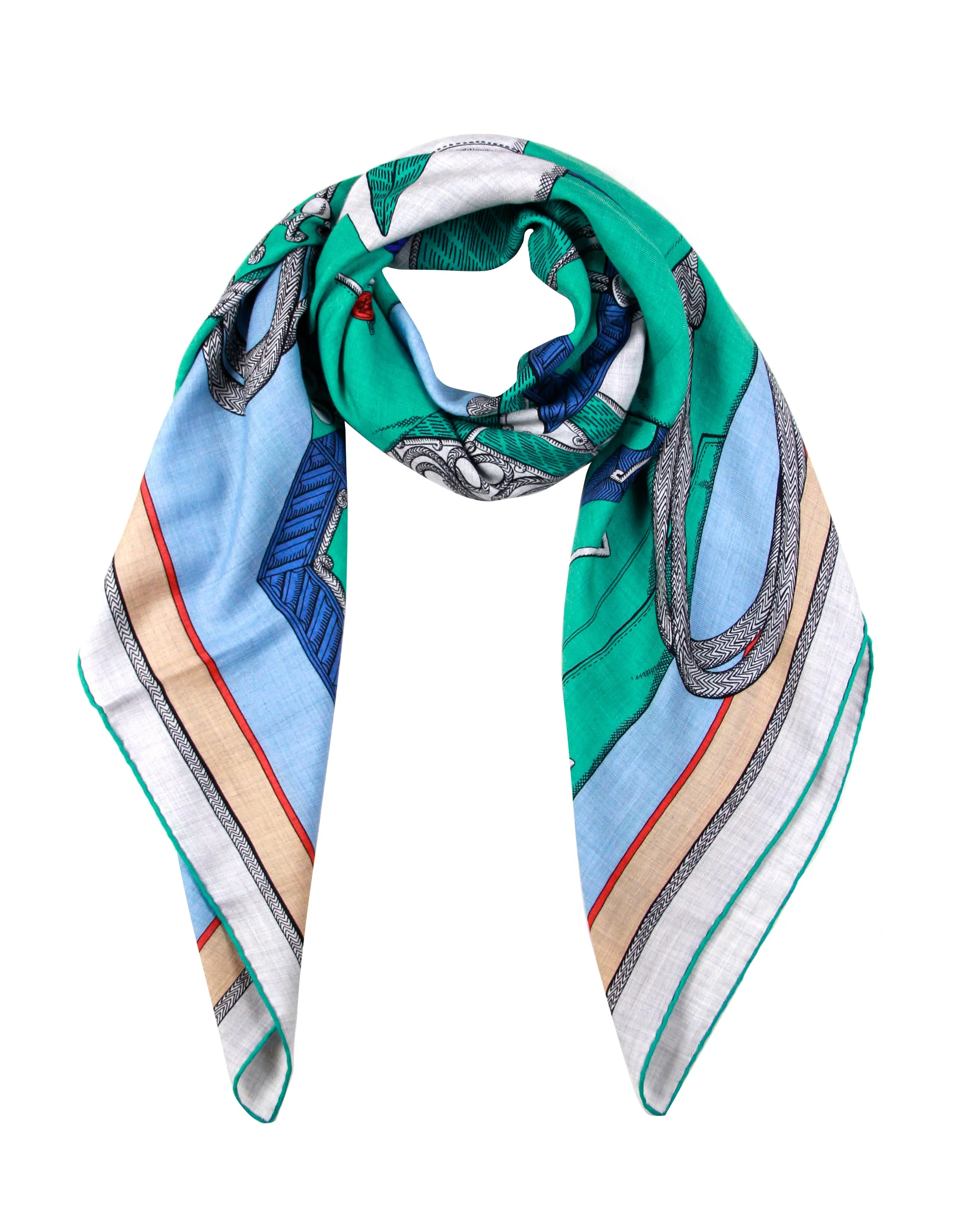 Hermes NEW Grey/Aqua Zouaves et Dragons 140cm Silk/Cashmere Shawl Scarf