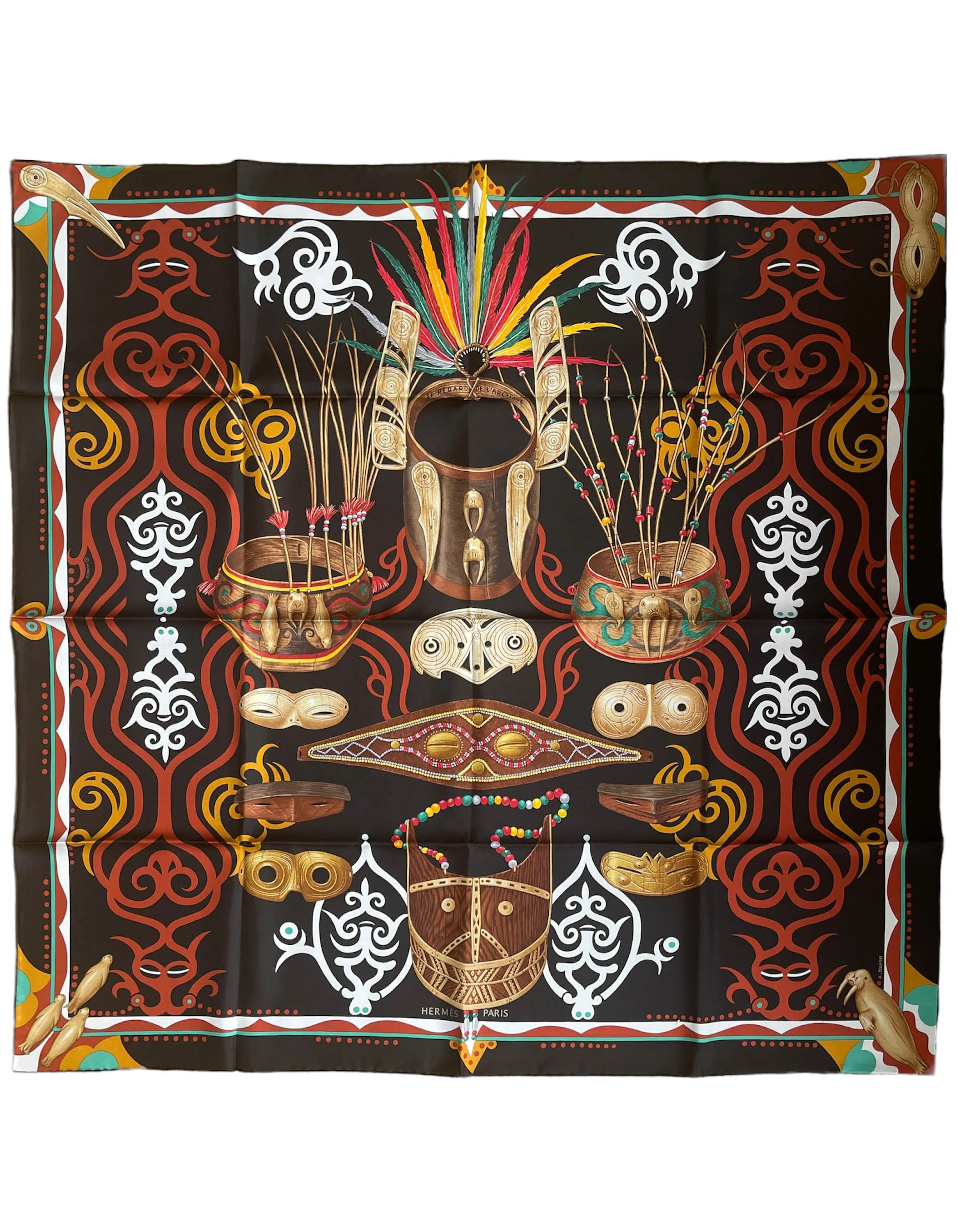Hermes Noir/Acajou/Menthol Le Regard De L'Arctique 90cm Silk Scarf
