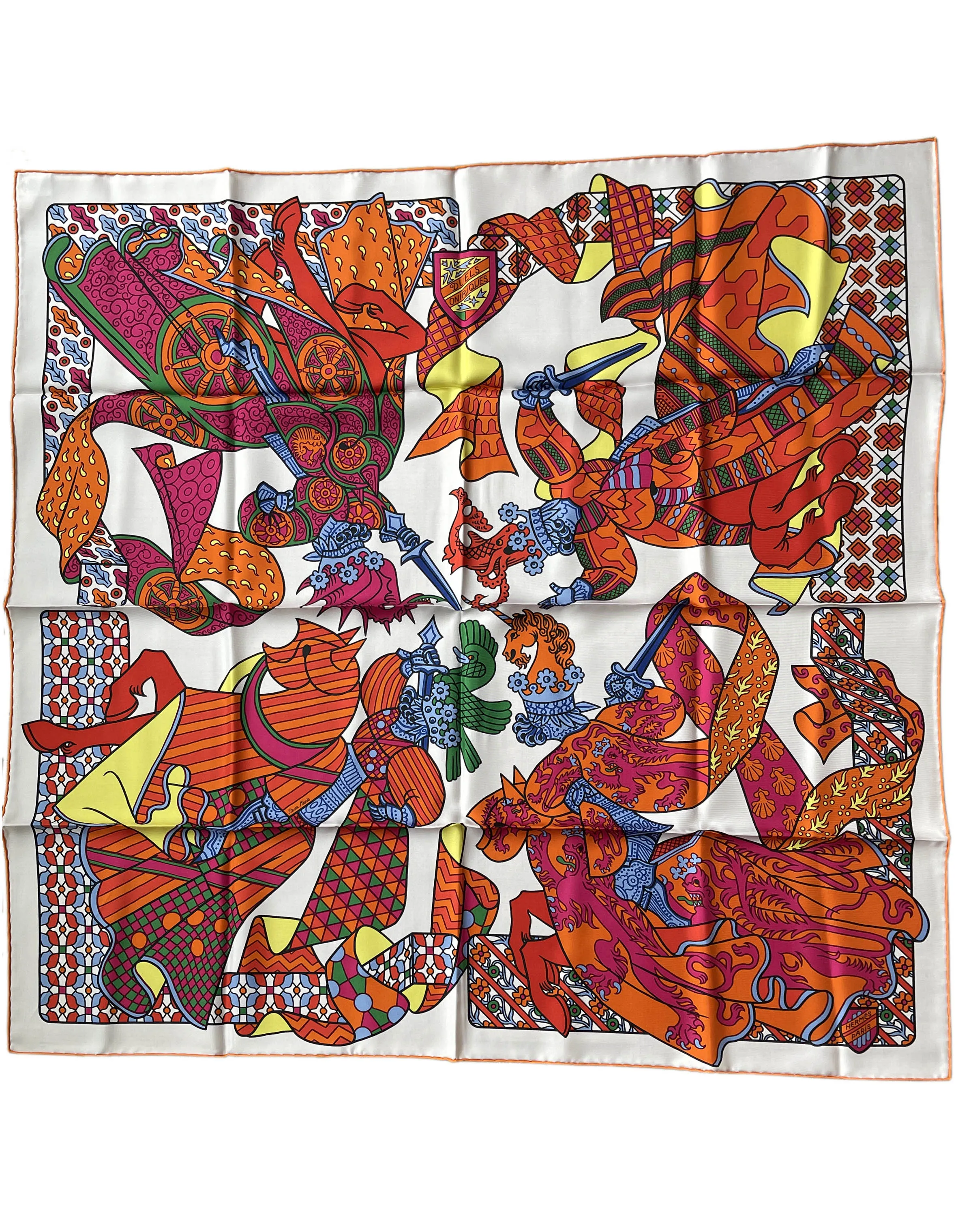 Hermes Orange/White Duels Oniriques 90cm Silk Scarf
