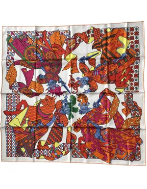Hermes Orange/White Duels Oniriques 90cm Silk Scarf