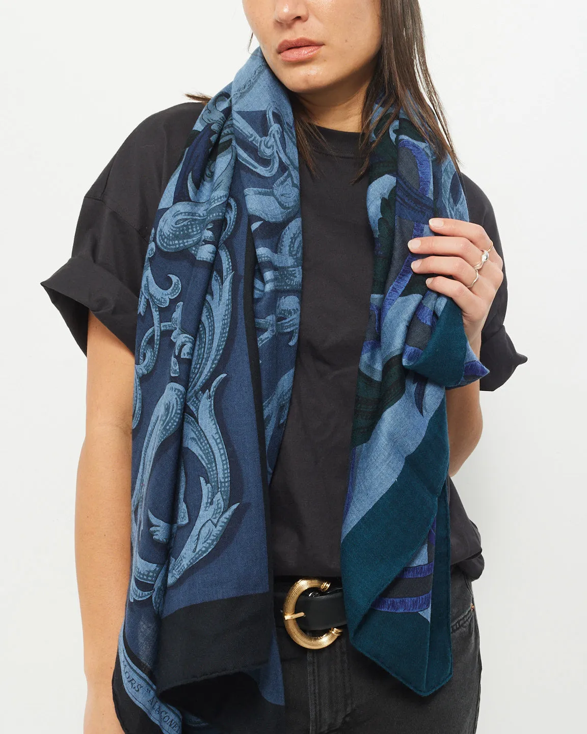 Hermès Navy Blue Cashmere & Silk Le Mors A La Conétable Scarf - 140