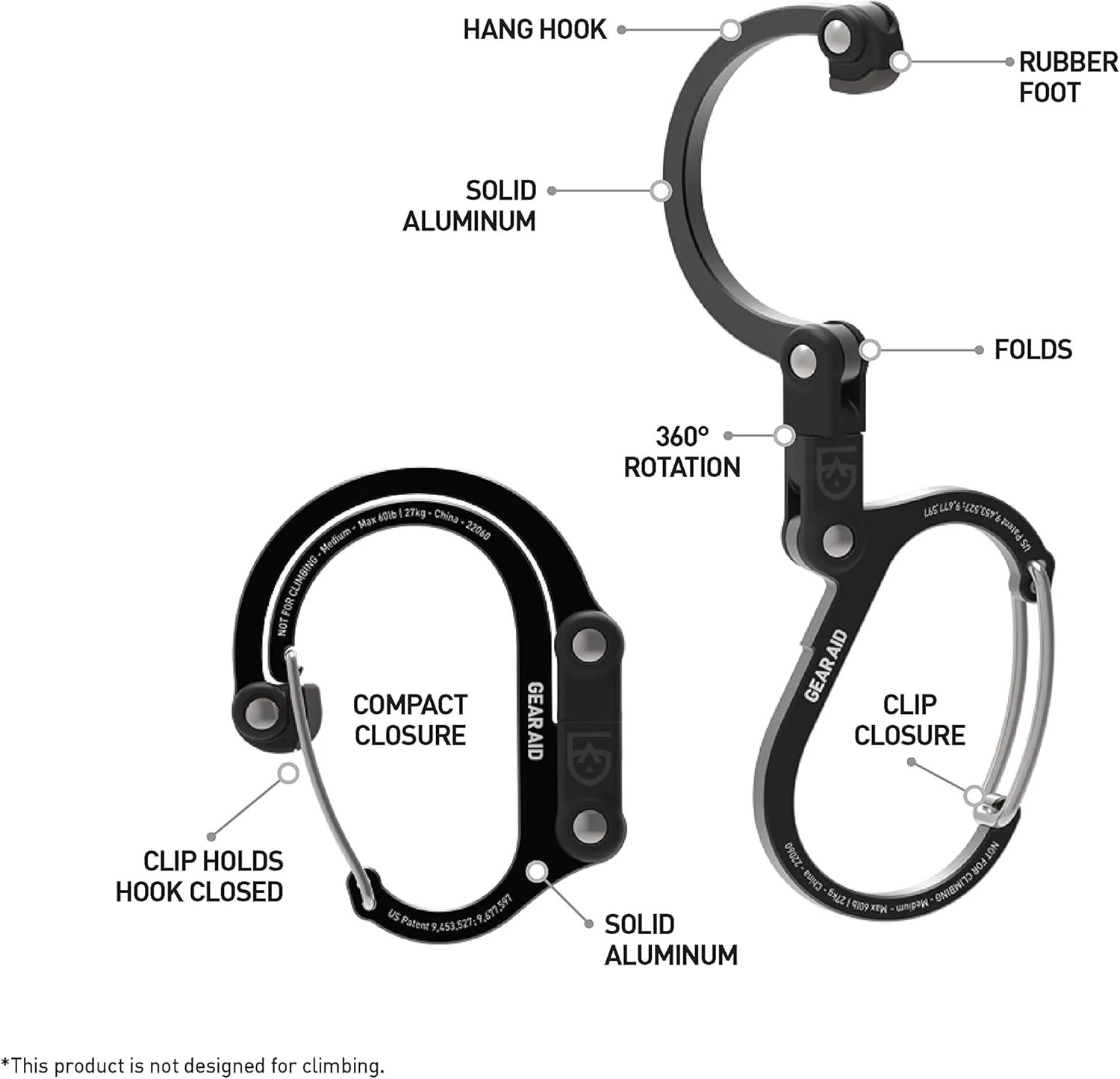 HEROCLIP 360° Swivel Carabiner Gear Clip and Hook (Medium) for Camping, Backpack, Suitcases and Garage Organization