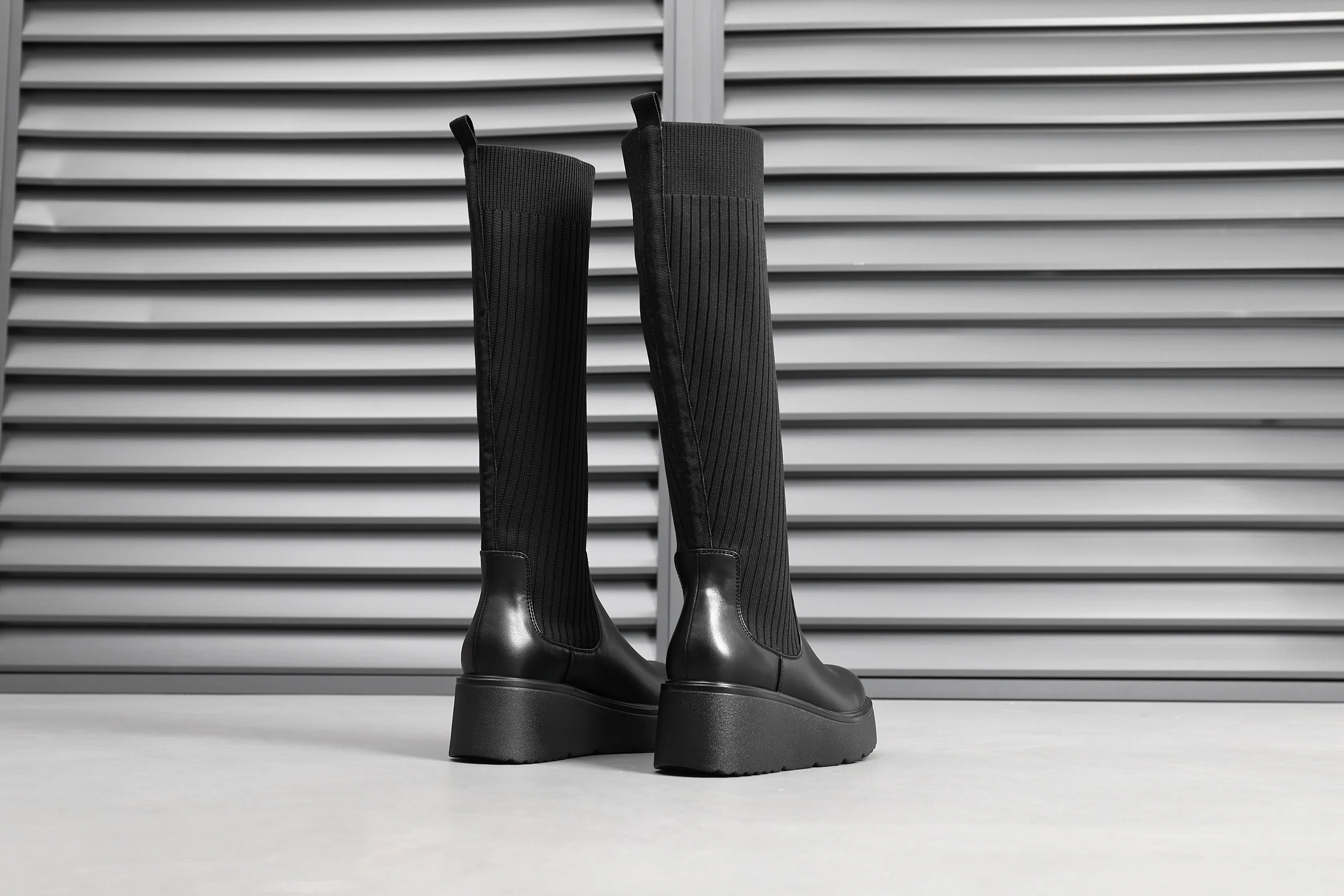 IVACHY Women's Knit high knee Boots Platform Chunky Boots Elastic Adjustable A2375 B BLACK