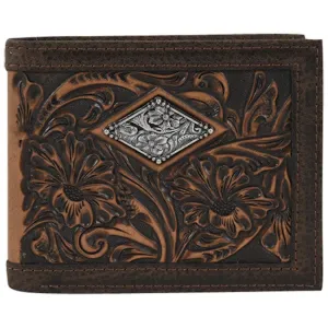 Justin Chestnut Floral Tooled Slim Bifold Wallet with Diamond Concho
