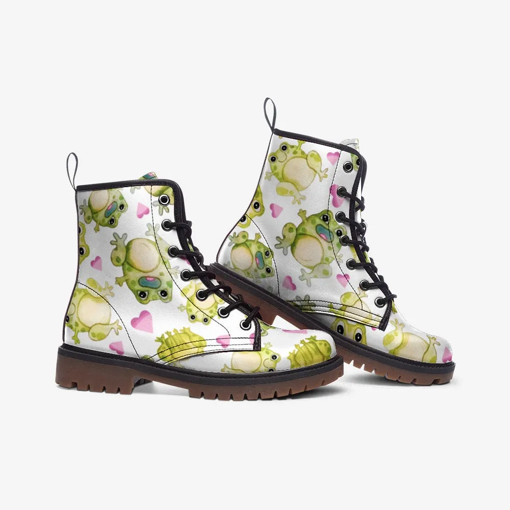 Kawaii Frogs White Vegan Leather Unisex Boots