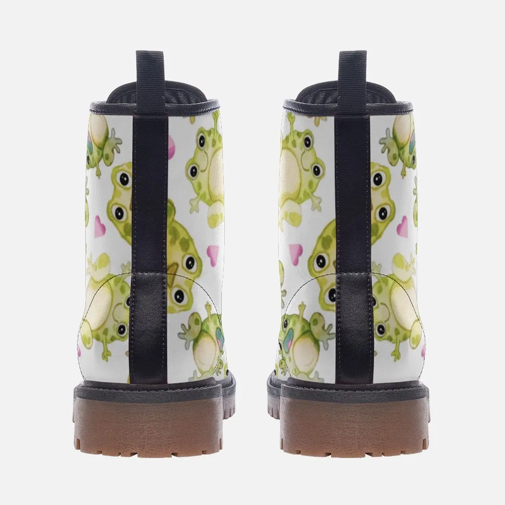Kawaii Frogs White Vegan Leather Unisex Boots