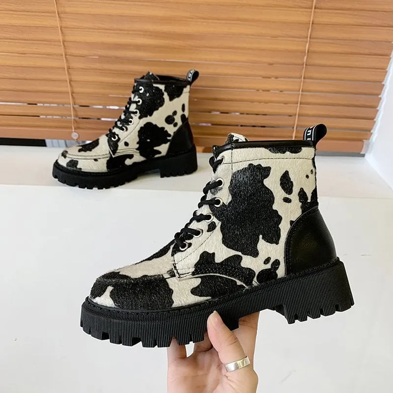 Kawaii Style Cow Print Combat Boots