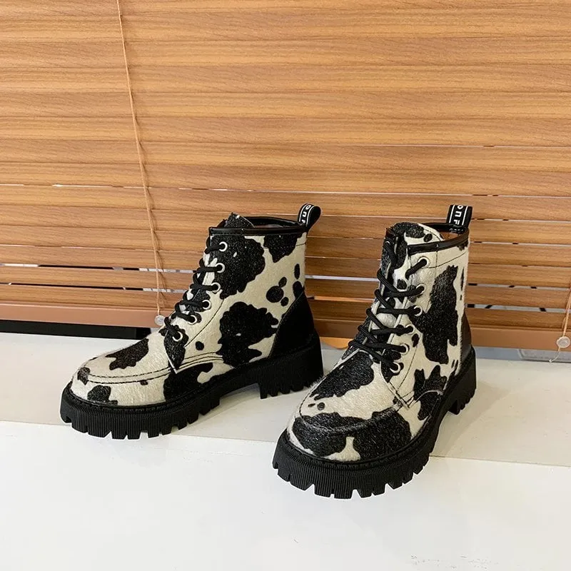 Kawaii Style Cow Print Combat Boots