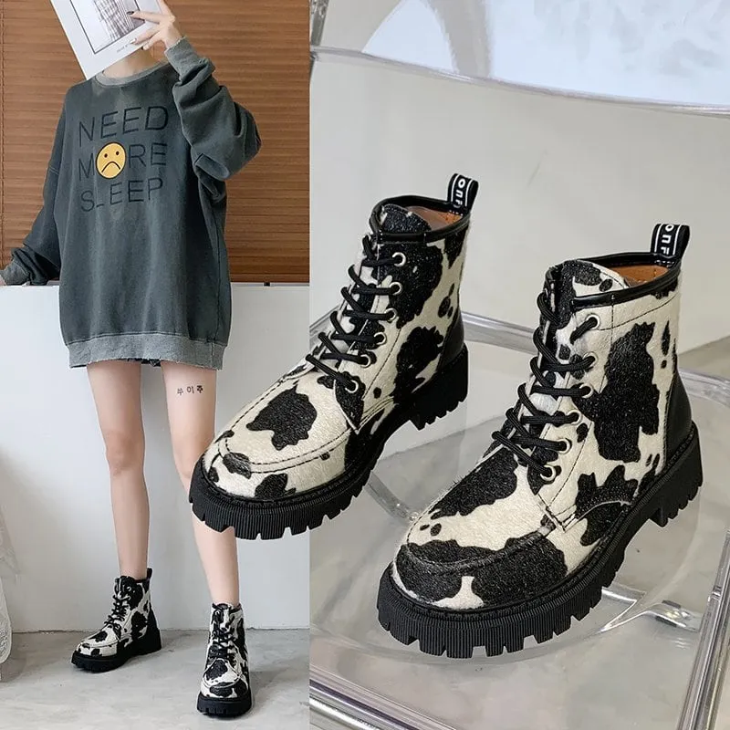 Kawaii Style Cow Print Combat Boots