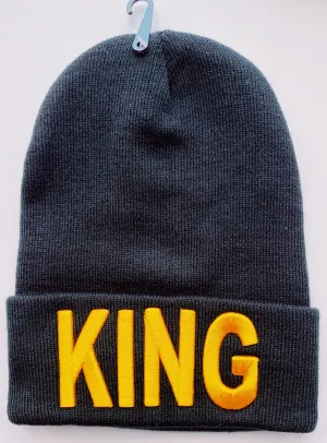 King or Queen Black Embroidered Beanie Hat