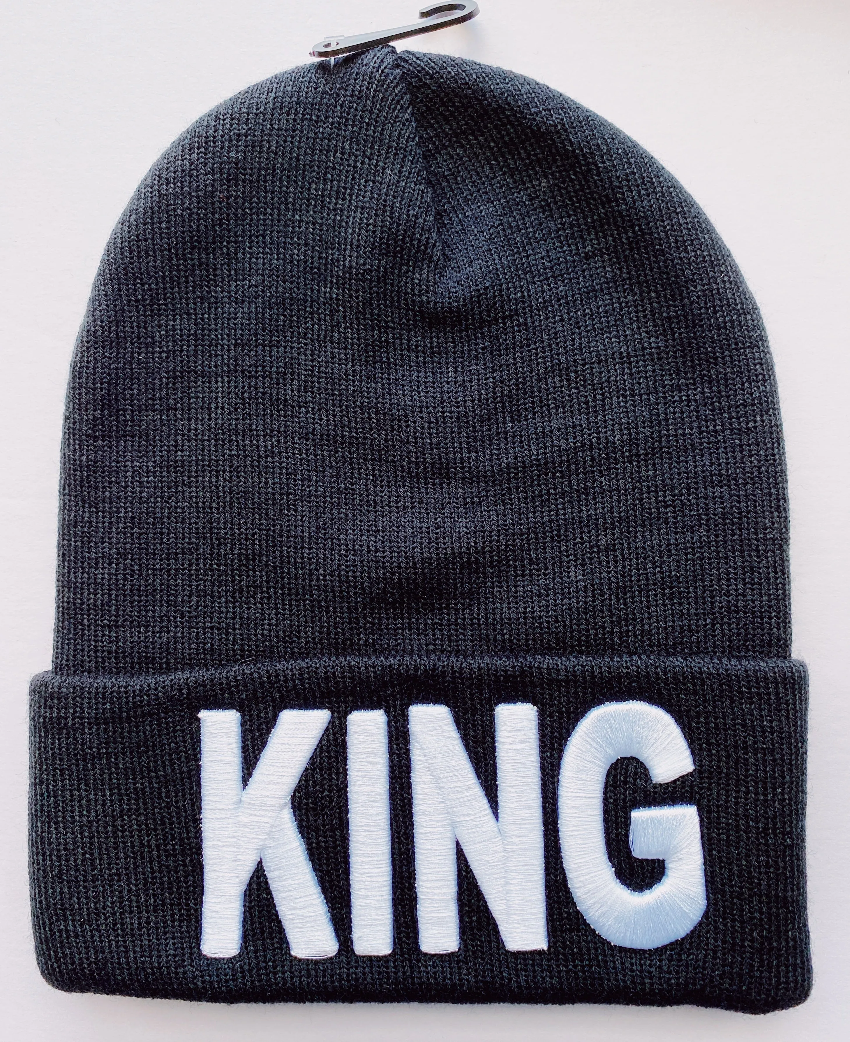 King or Queen Black Embroidered Beanie Hat