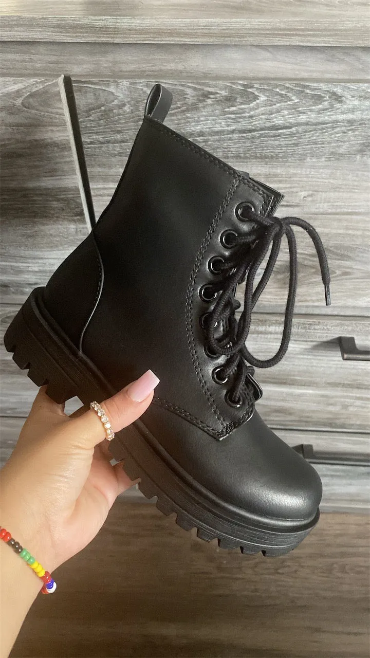 Lace Up Black Combat Boot with Side Zipper- Hana