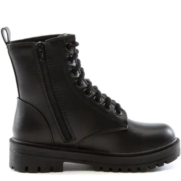 Lace Up Black Combat Boot with Side Zipper- Hana