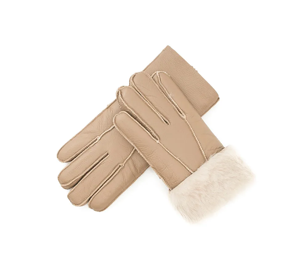 Leather Fluffy Sheepskin Wool Stitching Gloves