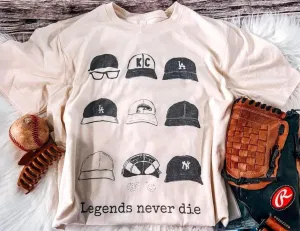 Legends Never Die Hats Tee/ Comfort Colors or Bella Canvas/ Youth and Adult Sizes