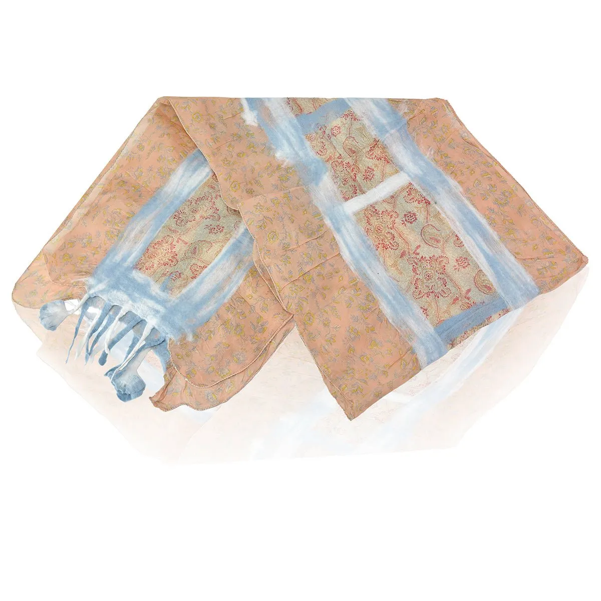 Light Grey & Tan Felt and Saree Vintage Scarves with Flower Hanging