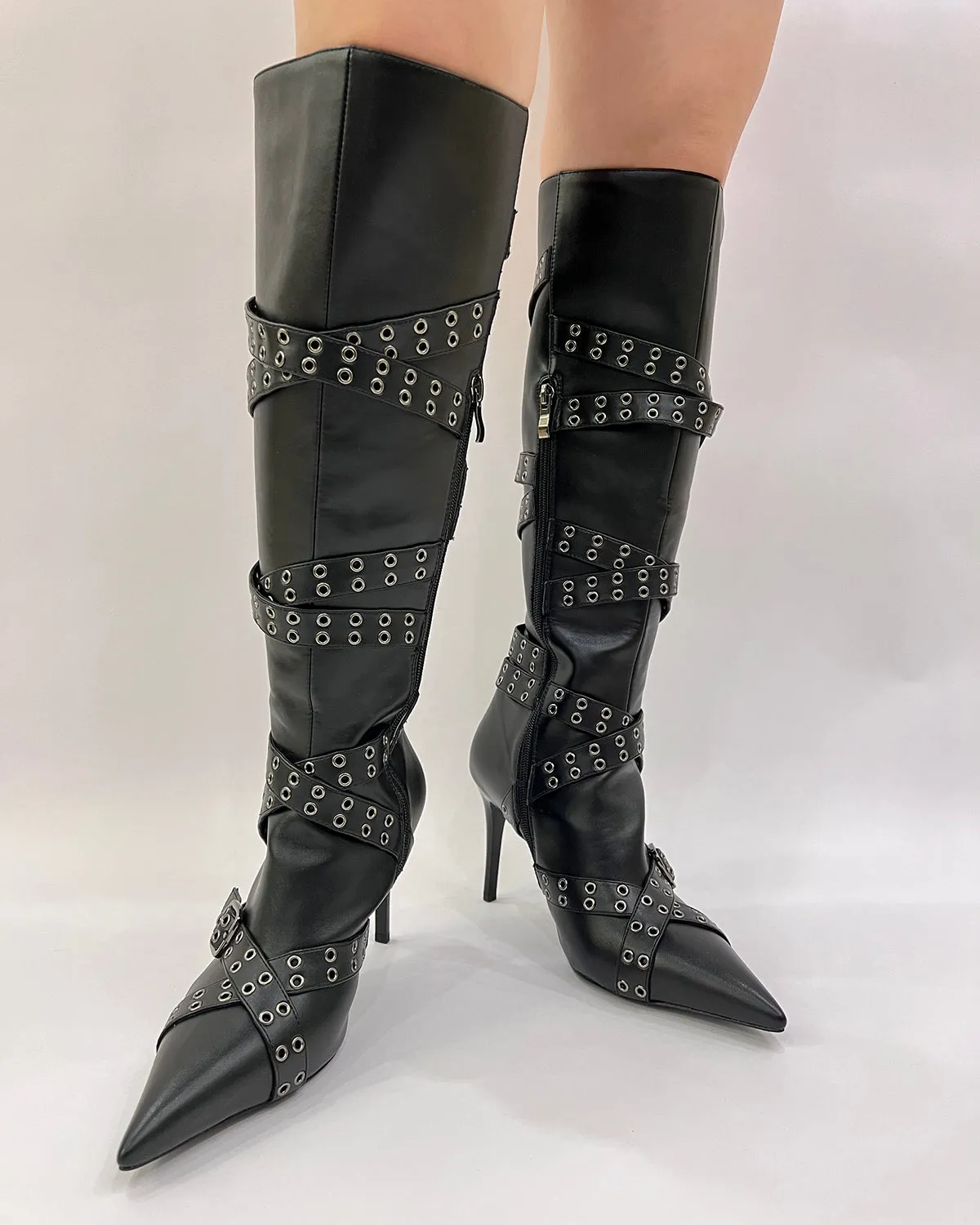 Matte leather eyelet buckle straps stiletto knee high boots
