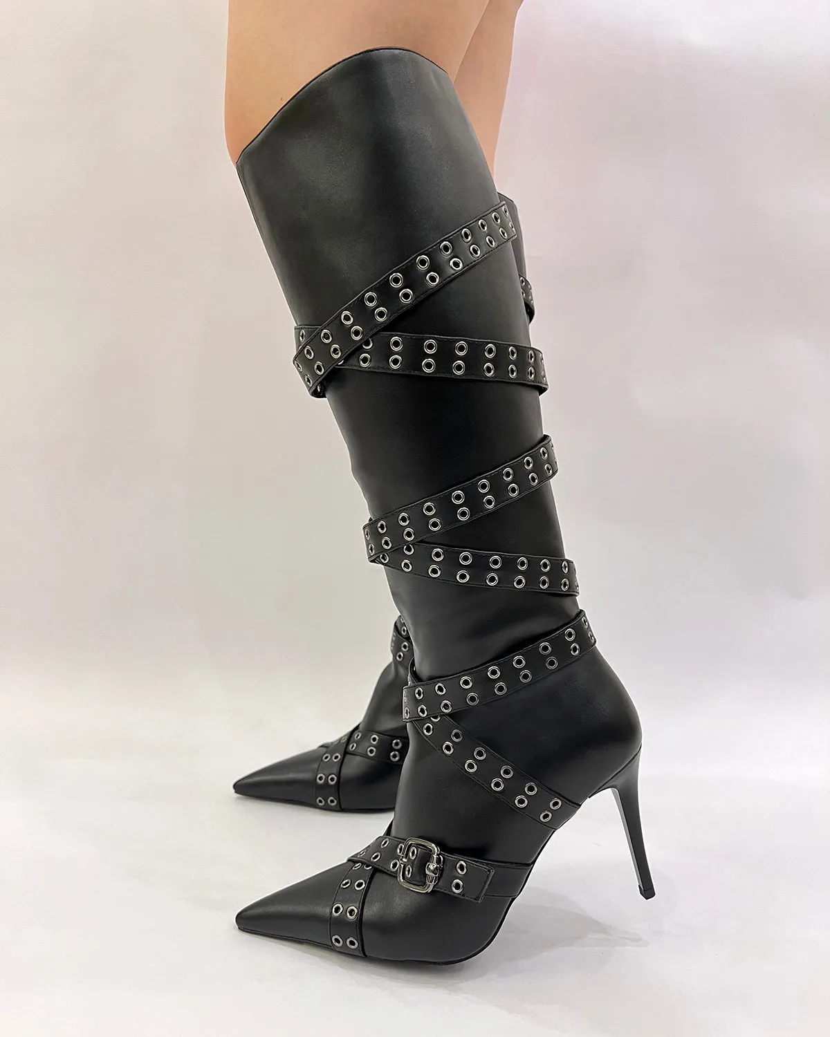 Matte leather eyelet buckle straps stiletto knee high boots