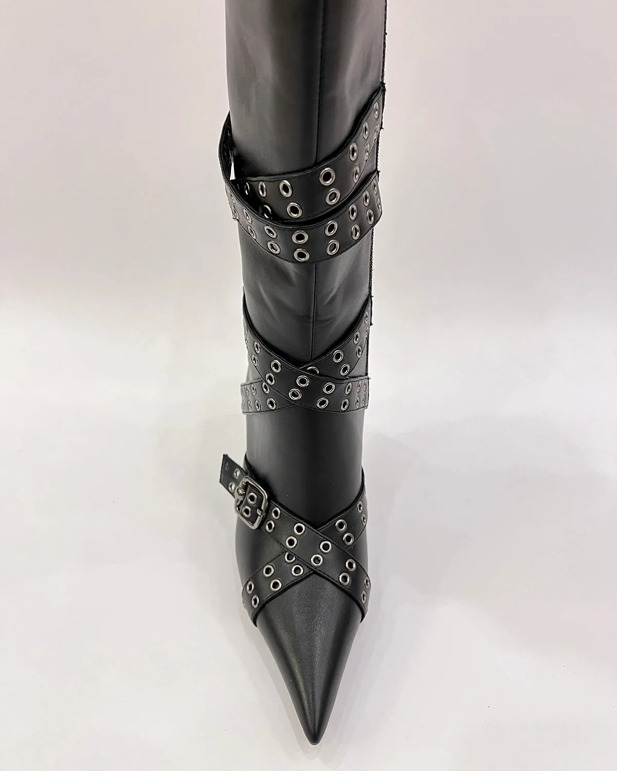 Matte leather eyelet buckle straps stiletto knee high boots